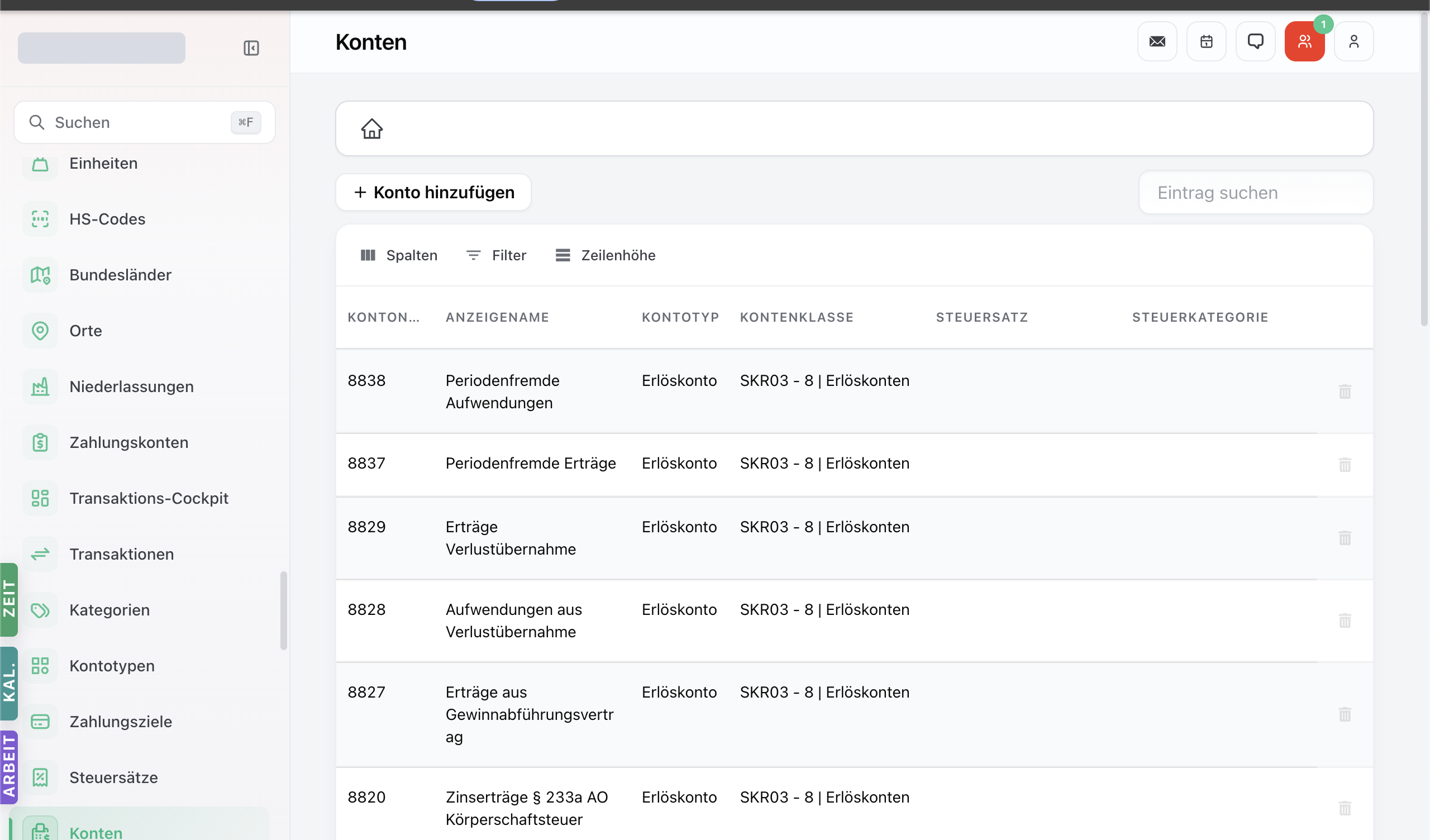 Konten-Modul mit der Konten-Liste — Toolbar Spalten / Filter / Zeilenhöhe und Tabelle der Sachkonten.