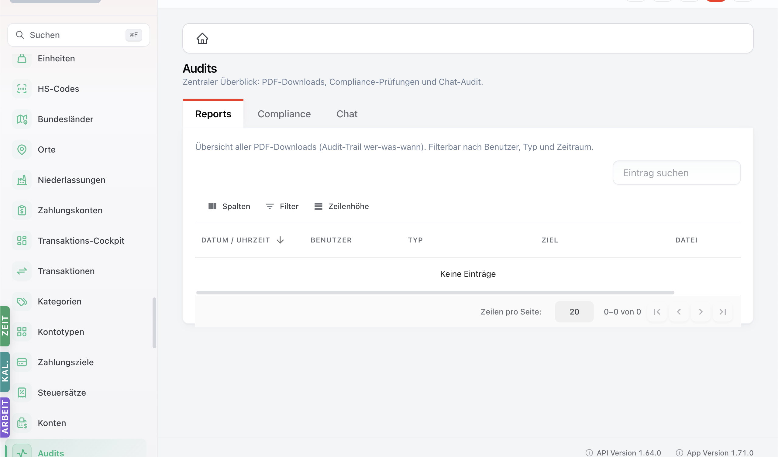 Audit-Modul mit Liste der protokollierten Aktionen.