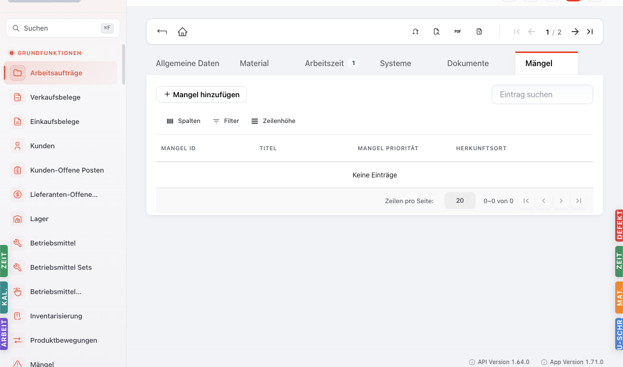 Auftrag-Detail mit Tab Mängel aktiv. Tabelle mit Spalten Mangel ID, Titel, Mangel Priorität, Herkunftsort. Quick-Action-Buttons rechts (DEFEKT, ZEIT, MAT., U-SCHR.).