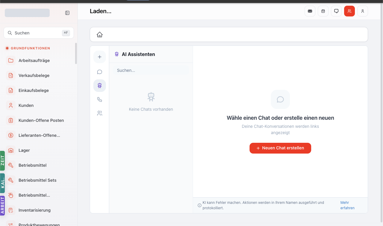 KI-Chat-Modul leer — AI-Assistenten-Hub mit der Aufforderung 'Wähle einen Chat oder erstelle einen neuen'.