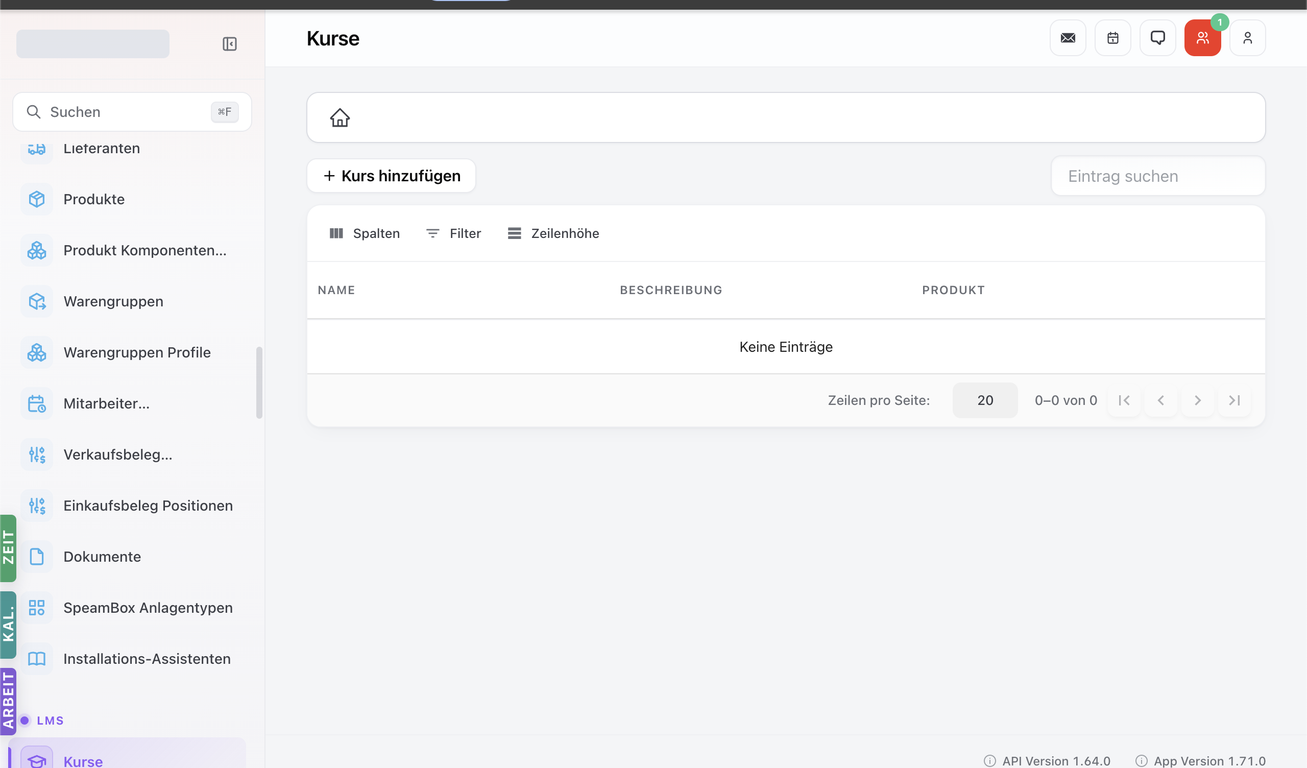Kurse-Modul mit Tabelle der angelegten Schulungen — Spalten Name und Beschreibung, Toolbar Spalten / Filter / Zeilenhöhe.