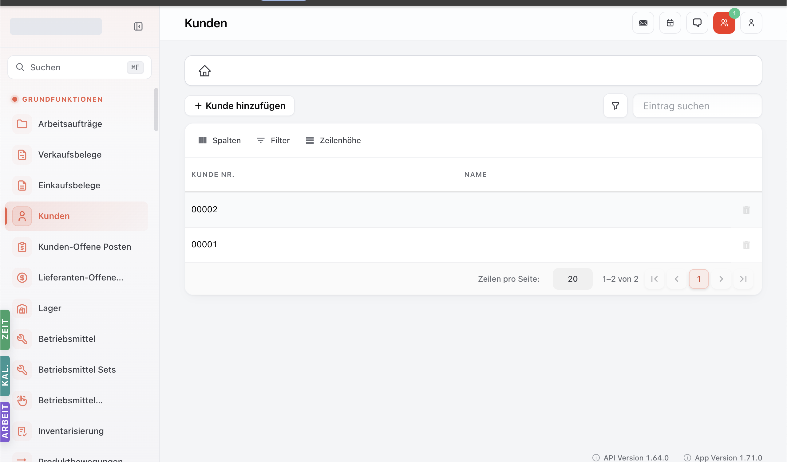 Kunden-Modul mit Tabelle der erfassten Customer und Toolbar Spalten / Filter / Zeilenhöhe.