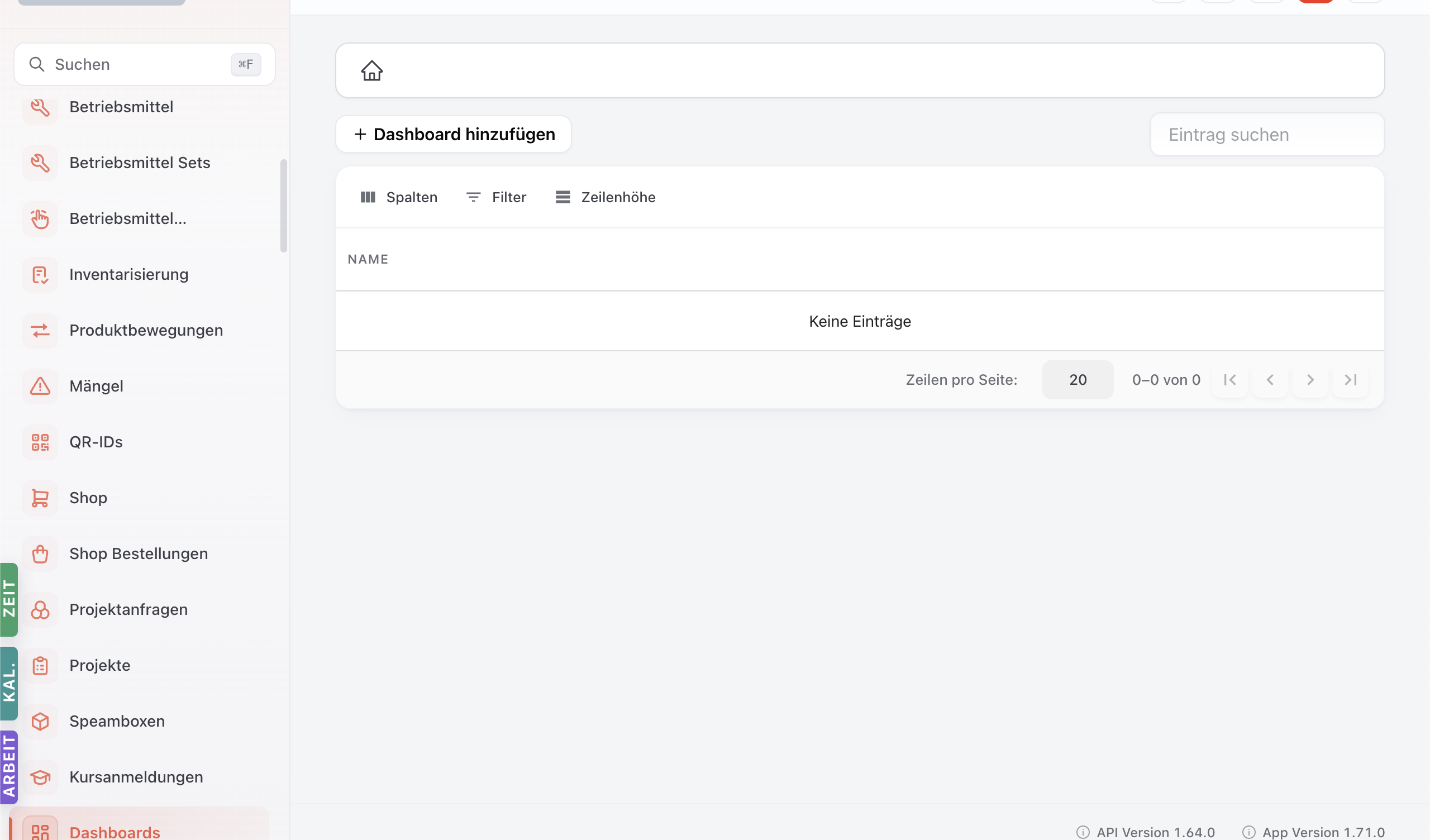 Dashboards-Liste mit '+ Dashboard hinzufügen' und Filter / Spalten-Toolbar.