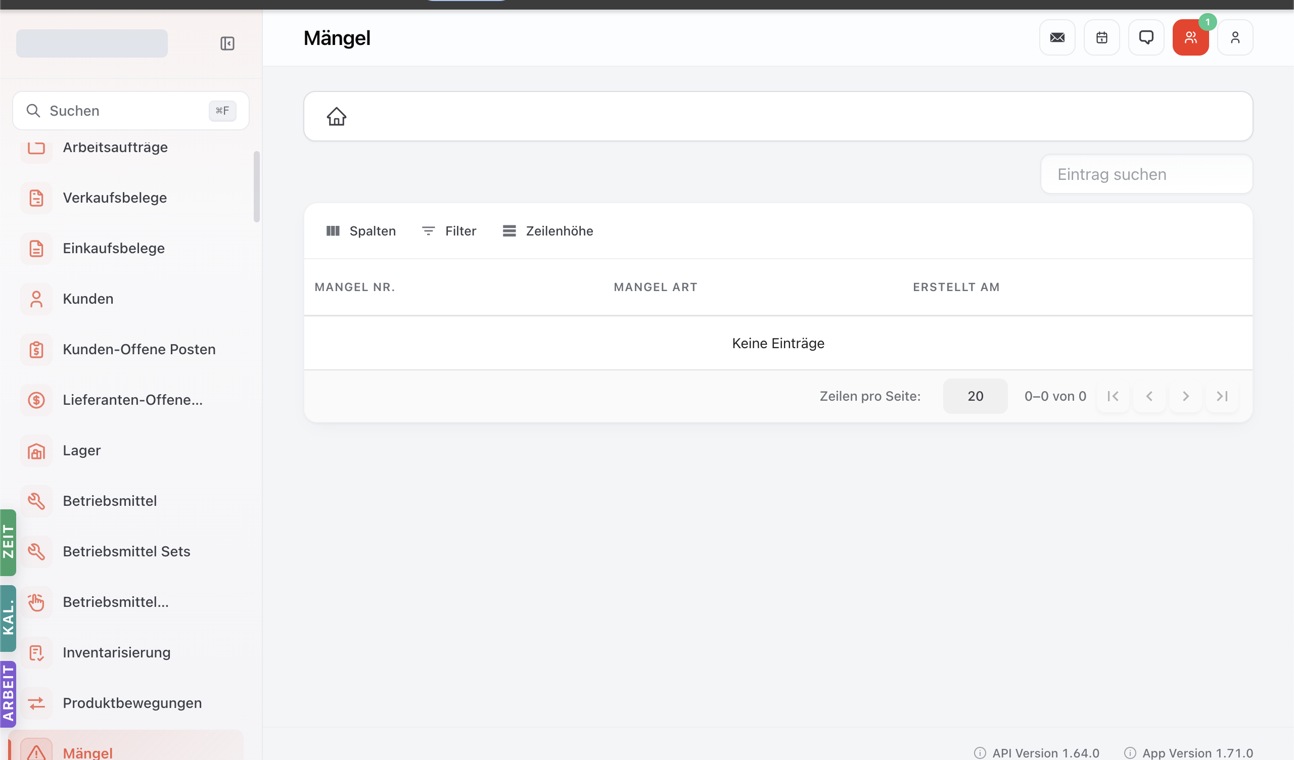 Mängel-Modul mit Tabelle der erfassten Defects und Toolbar Spalten / Filter / Zeilenhöhe.