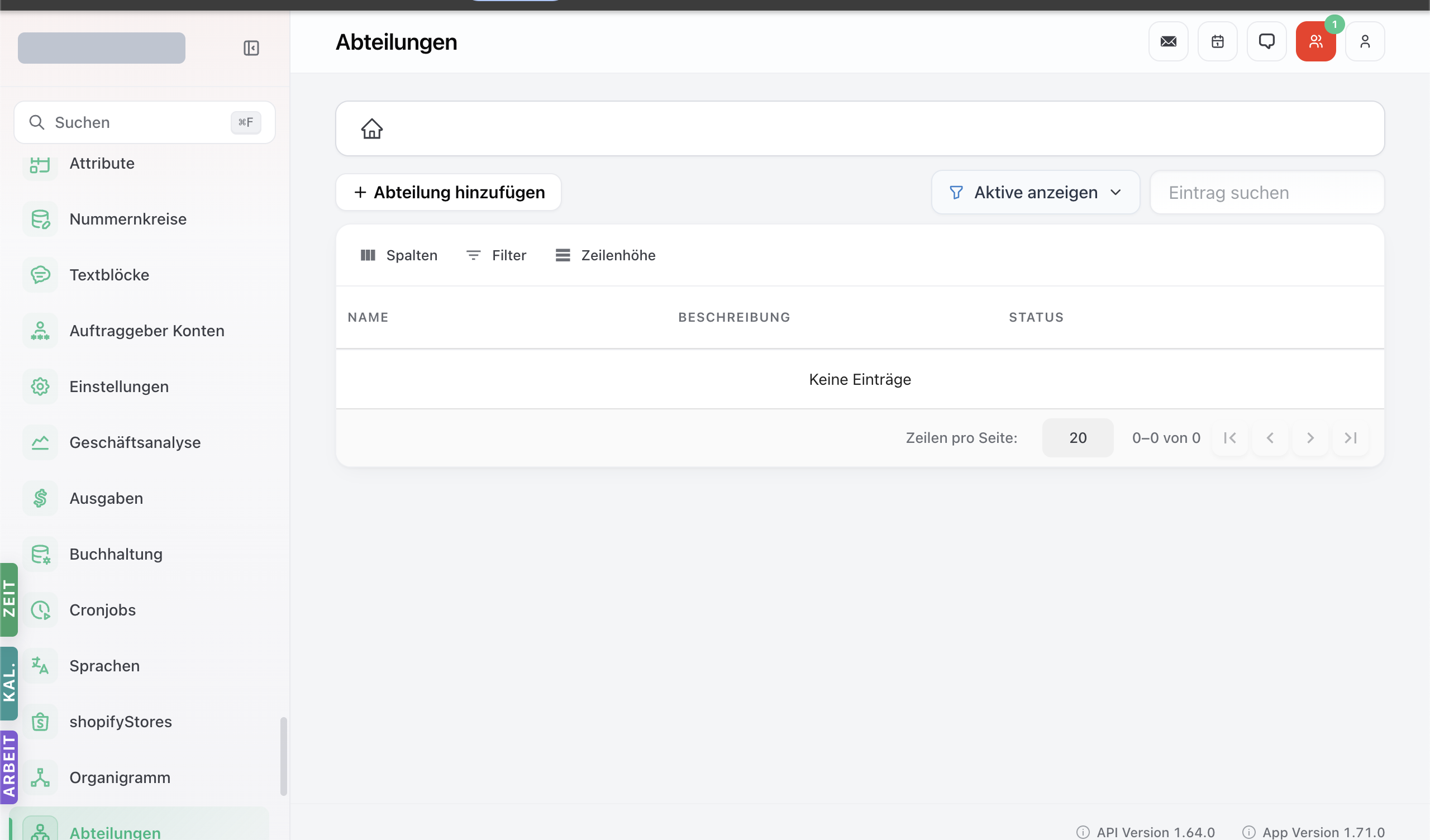 Abteilungen-Modul mit Liste der Departments und Toolbar Spalten / Filter / Zeilenhöhe.