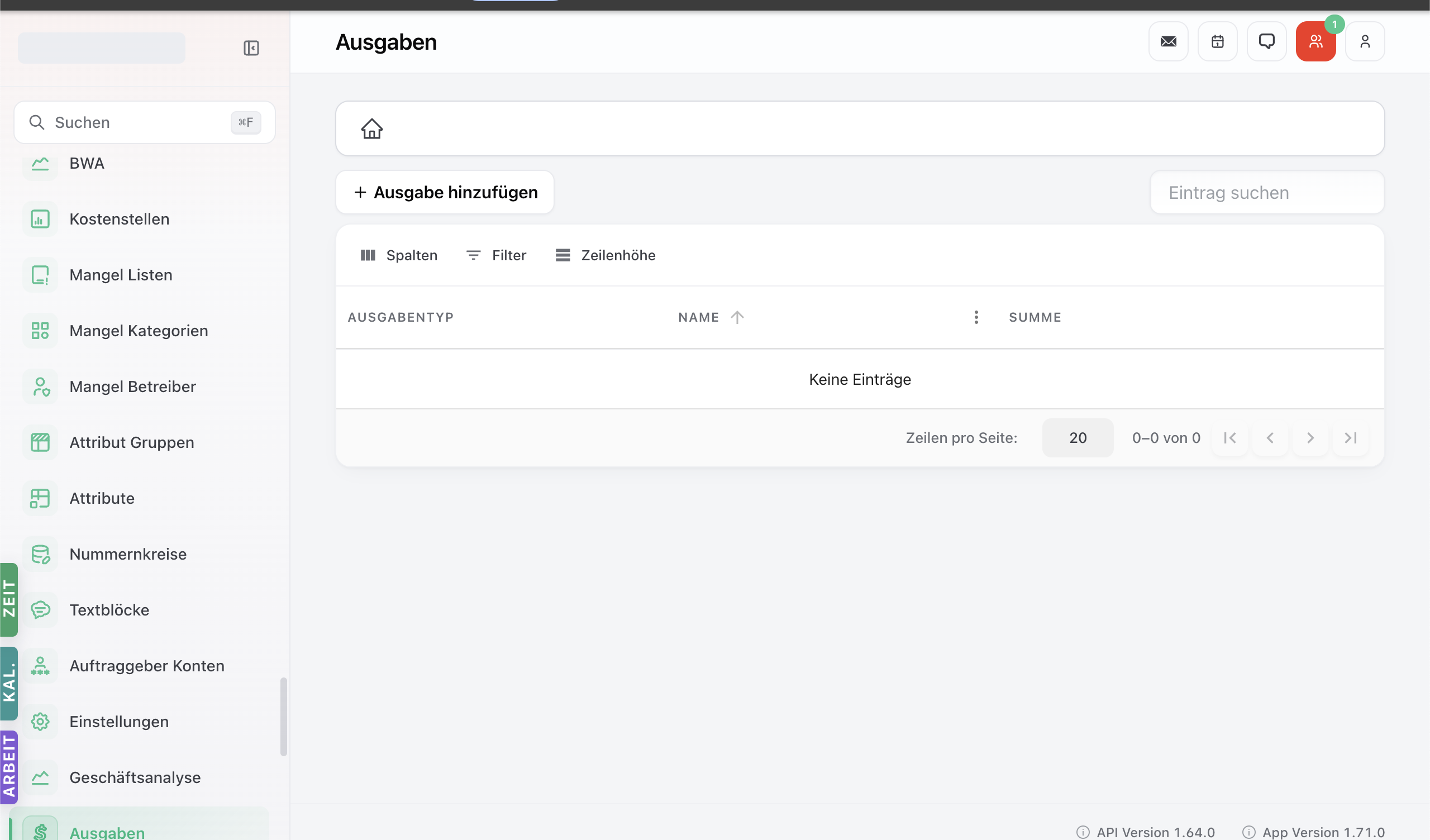 Spesen-Modul mit Tabelle der erfassten Auslagen — Toolbar Spalten / Filter / Zeilenhöhe.