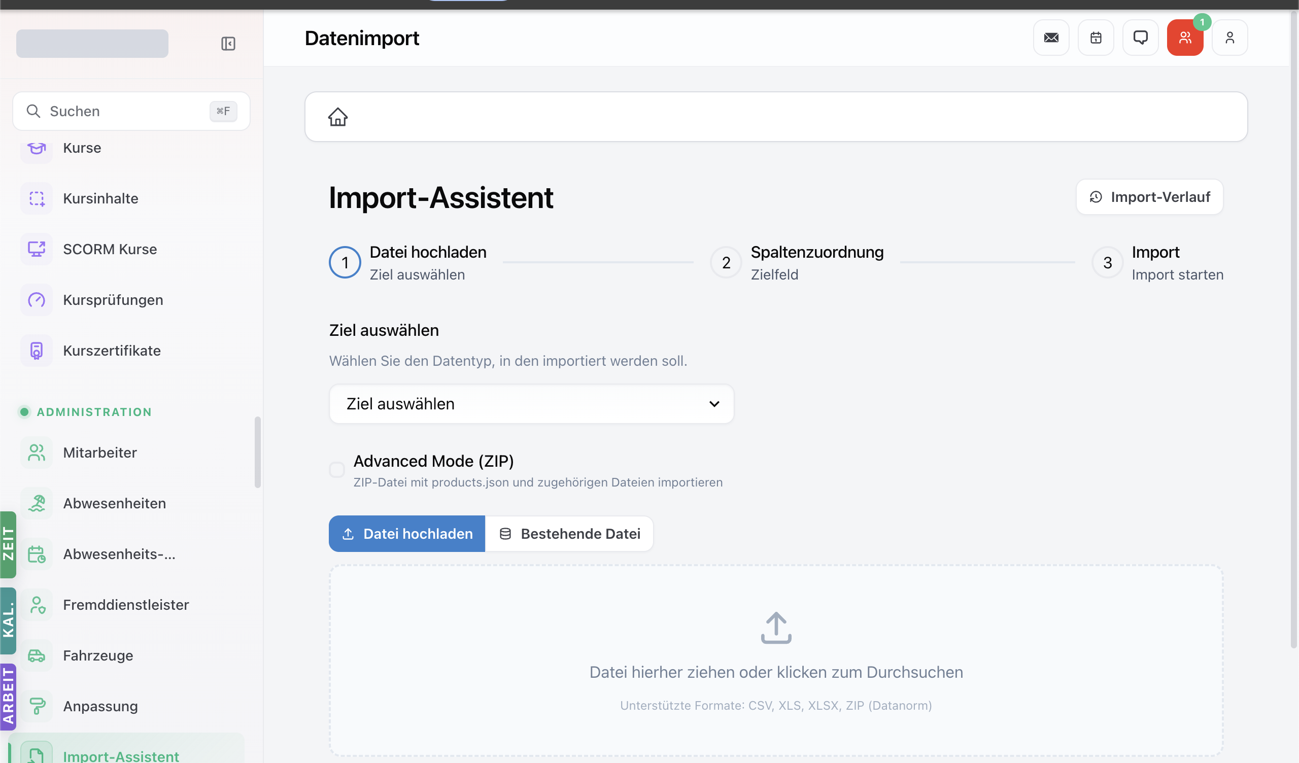 Import-Modul mit Liste vergangener Imports und Buttons für neuen Import.