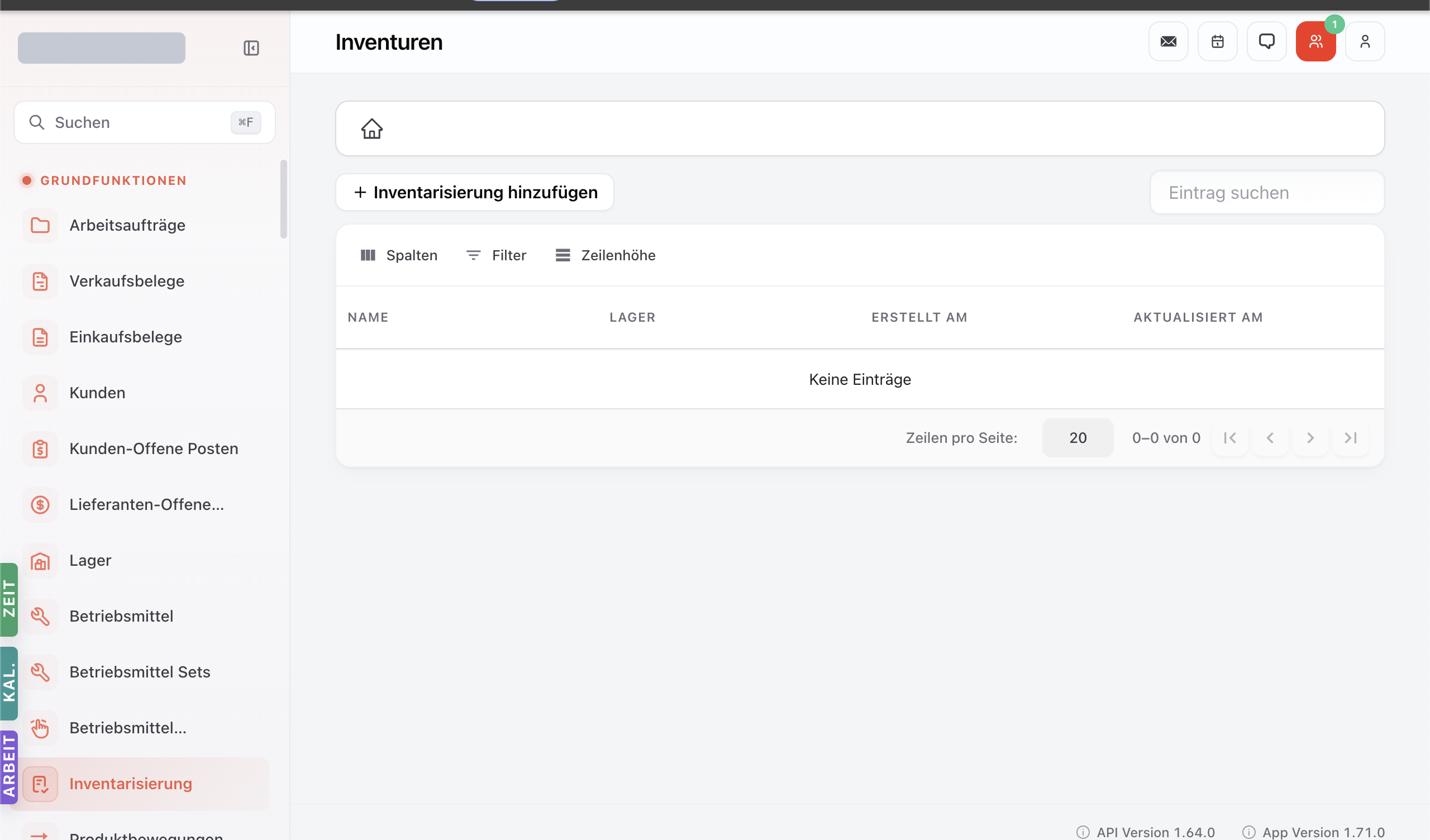 Inventur-Modul mit Tabelle Inventuren — Spalten Name, Lager, Erstellt am, Aktualisiert am.