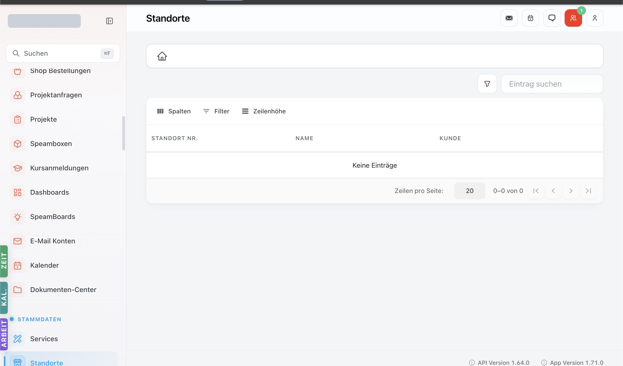 Standorte-Modul mit Tabelle aller Mandanten-Standorte und Kunden-Standorte.