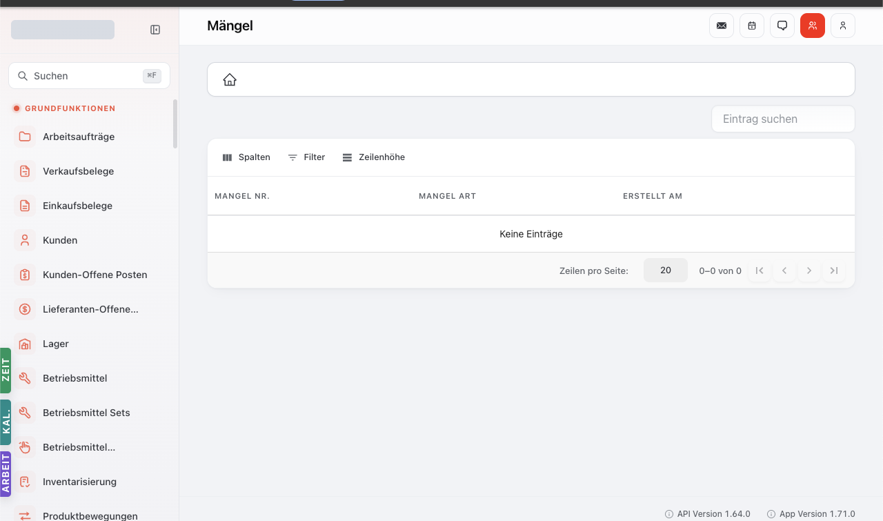 Globale Mängel-Übersicht. Tabelle mit Spalten Mangel Nr., Mangel Art, Erstellt am. Filter, Spalten und Zeilenhöhe-Toolbar oben.