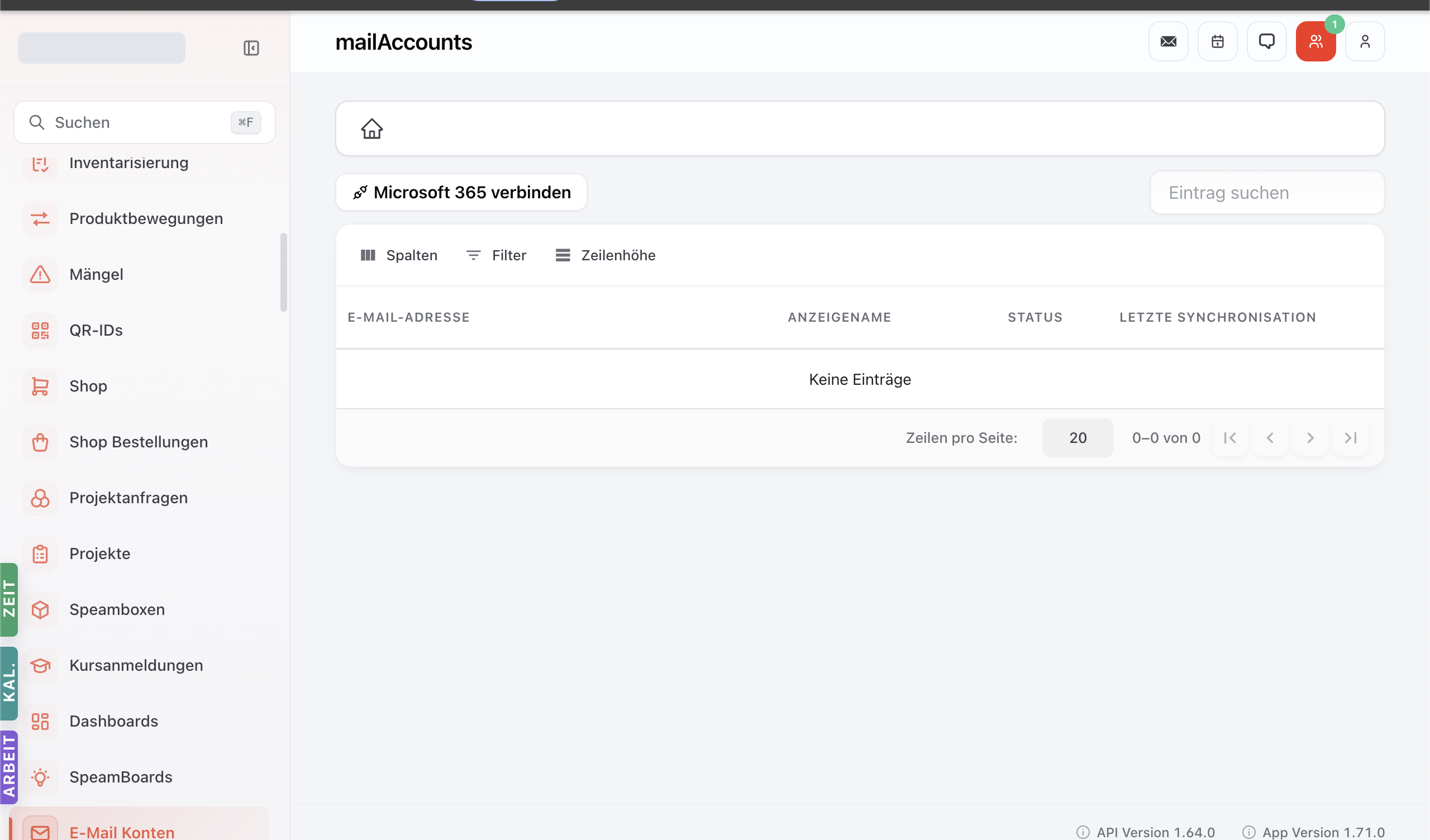 Mail-Konten-Modul mit Liste der konfigurierten Postfächer und Toolbar.