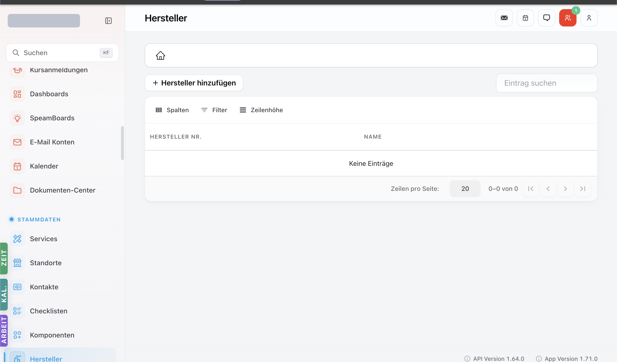 Hersteller-Modul mit Liste-Tabelle und Filter / Spalten-Toolbar.