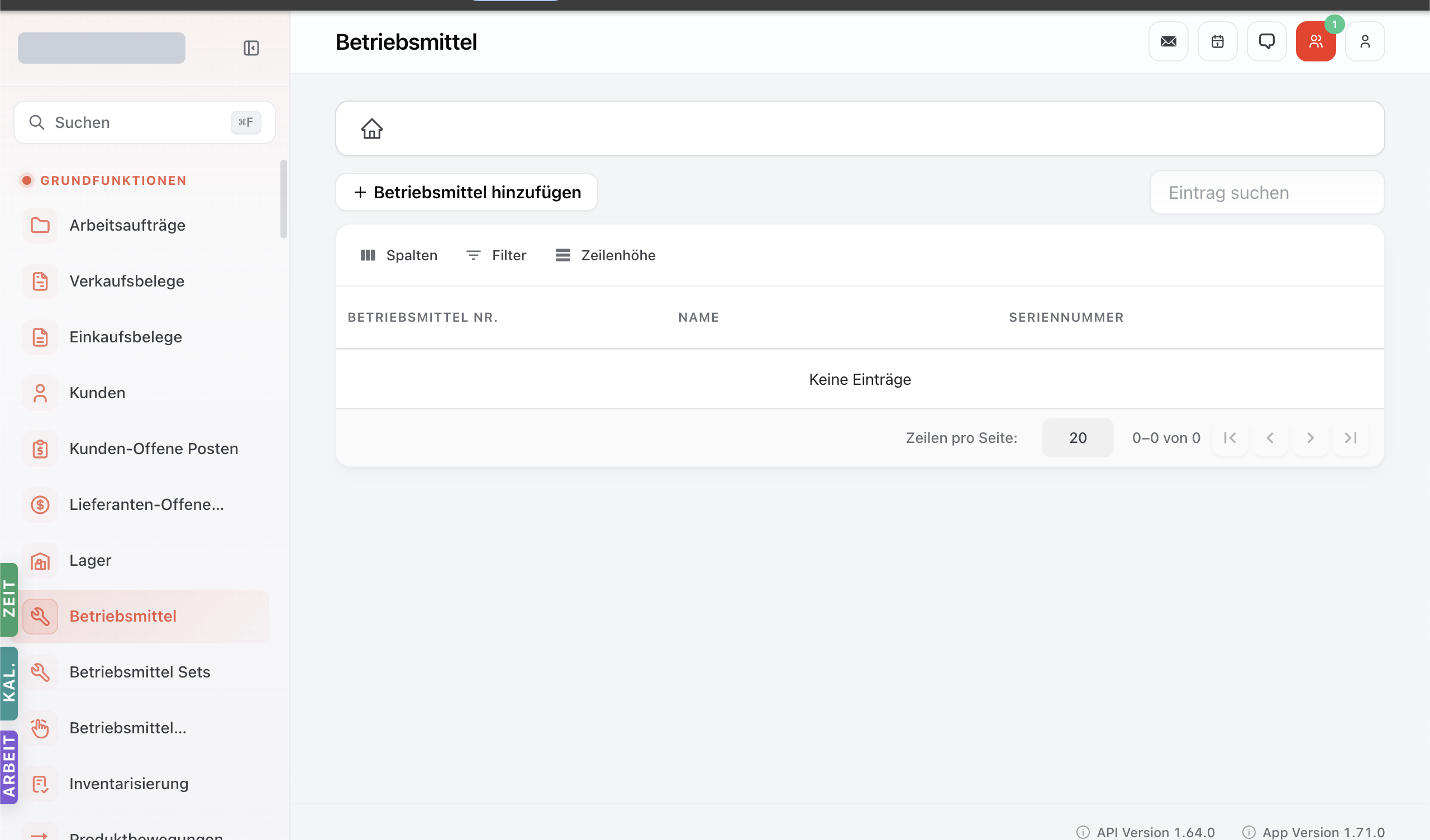 Betriebsmittel-Modul mit Tabelle der erfassten Werkzeuge.