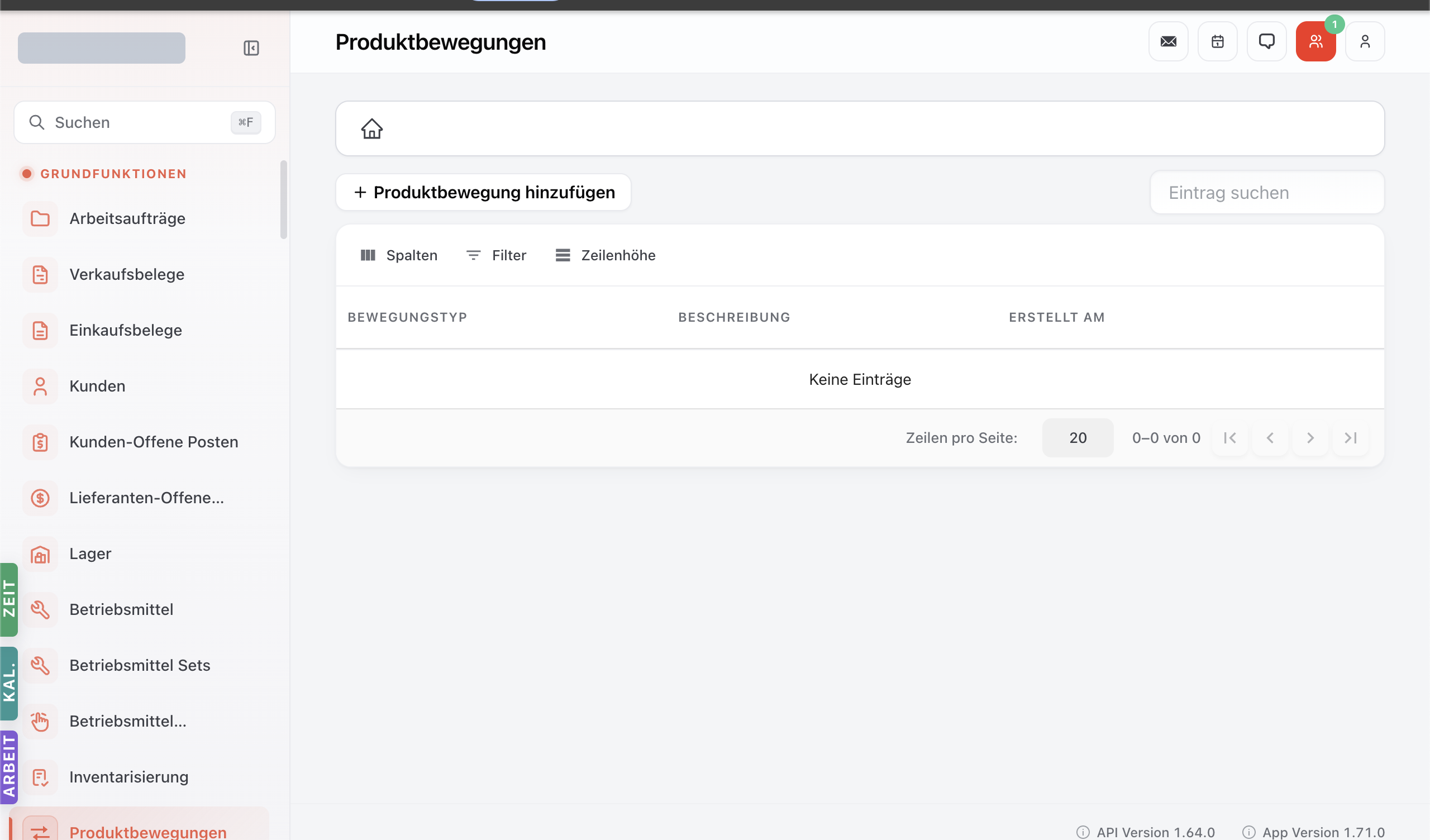 Produkt-Transfers-Modul mit Tabelle der Lager-Umbuchungen.