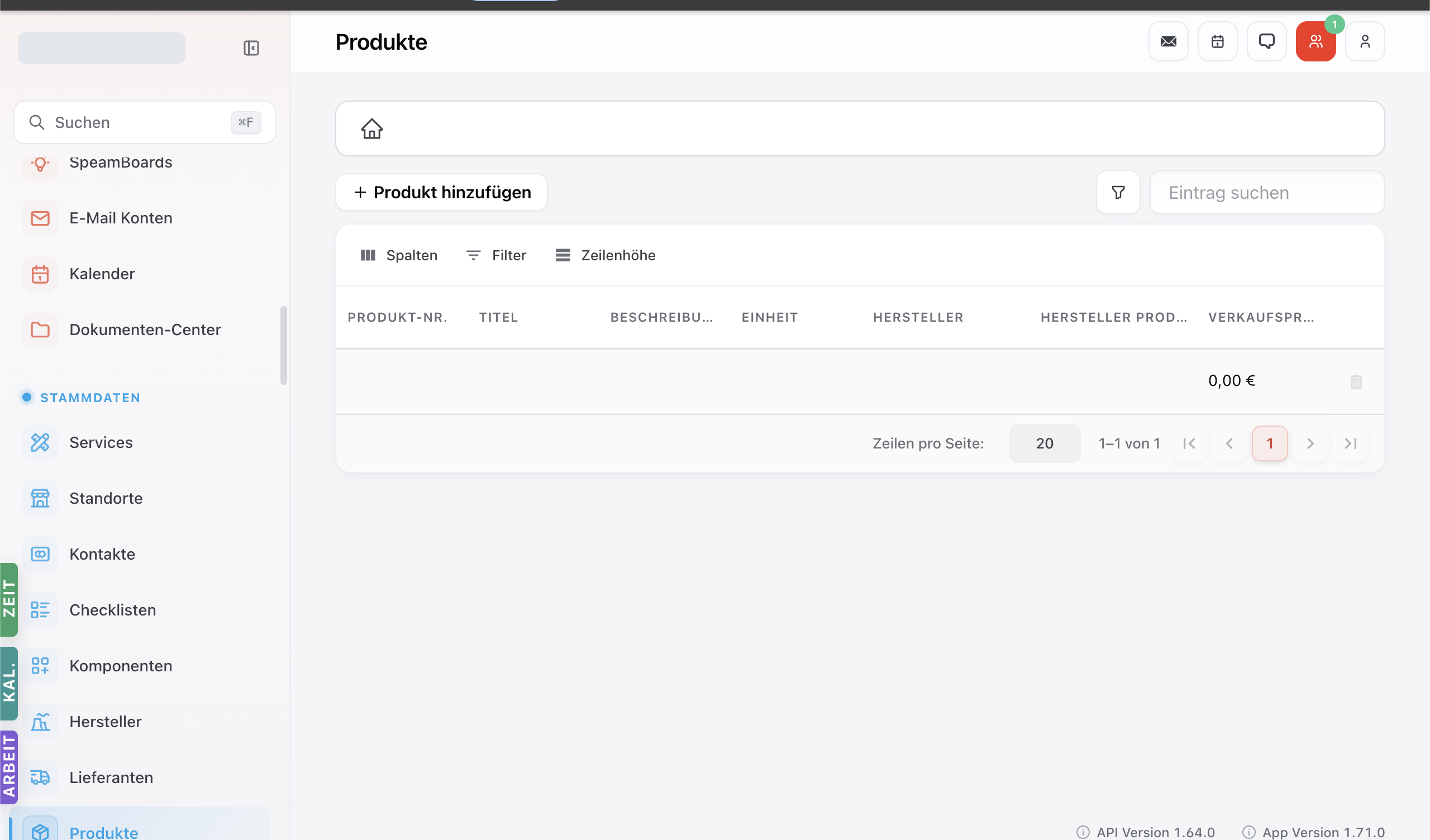 Produkte-Modul mit Tabelle der erfassten Produkte und Toolbar Spalten / Filter / Zeilenhöhe.