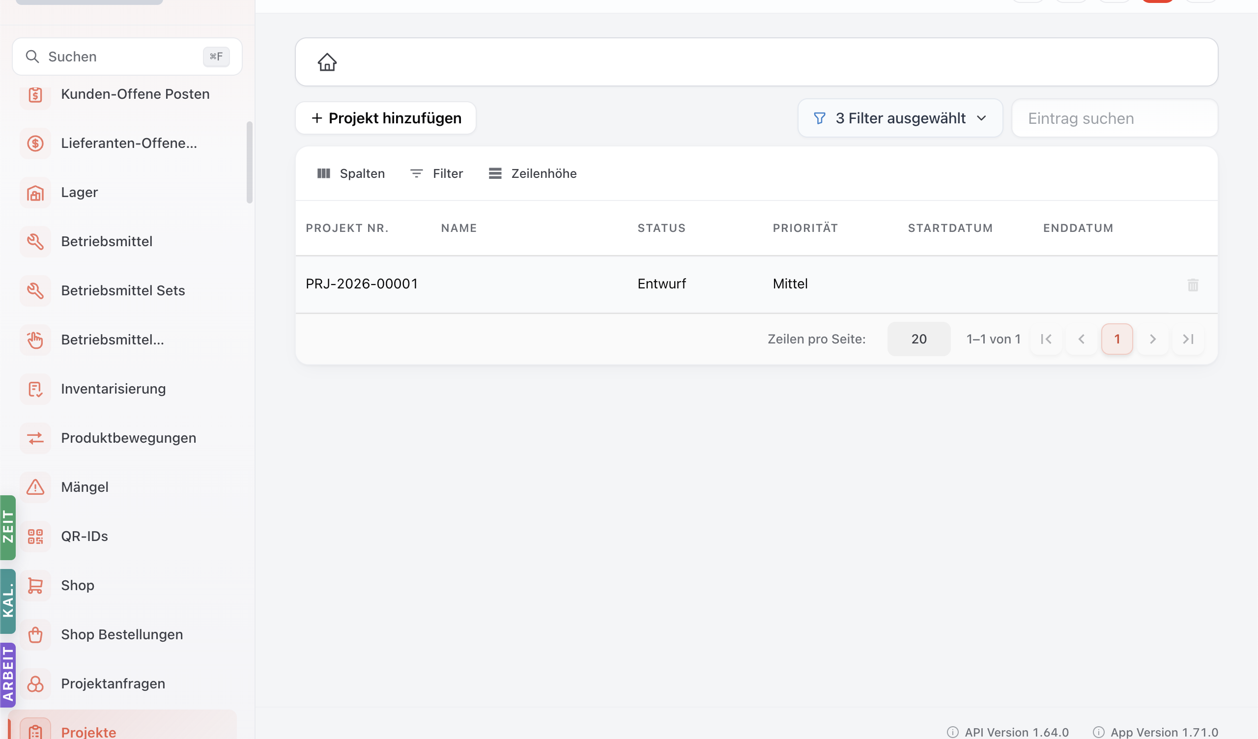 Projekte-Liste mit Filter, Spalten und Zeilenhöhe-Toolbar.