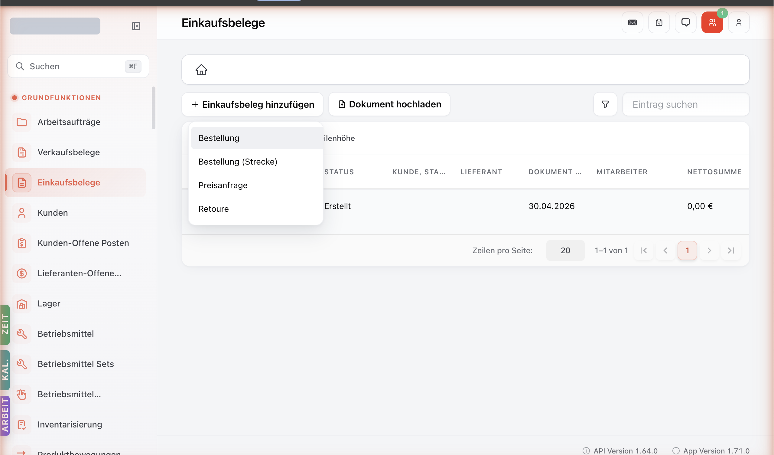 Beleg-Typ-Dropdown mit Optionen Bestellung / Bestellung (Strecke) / Preisanfrage / Retoure.
