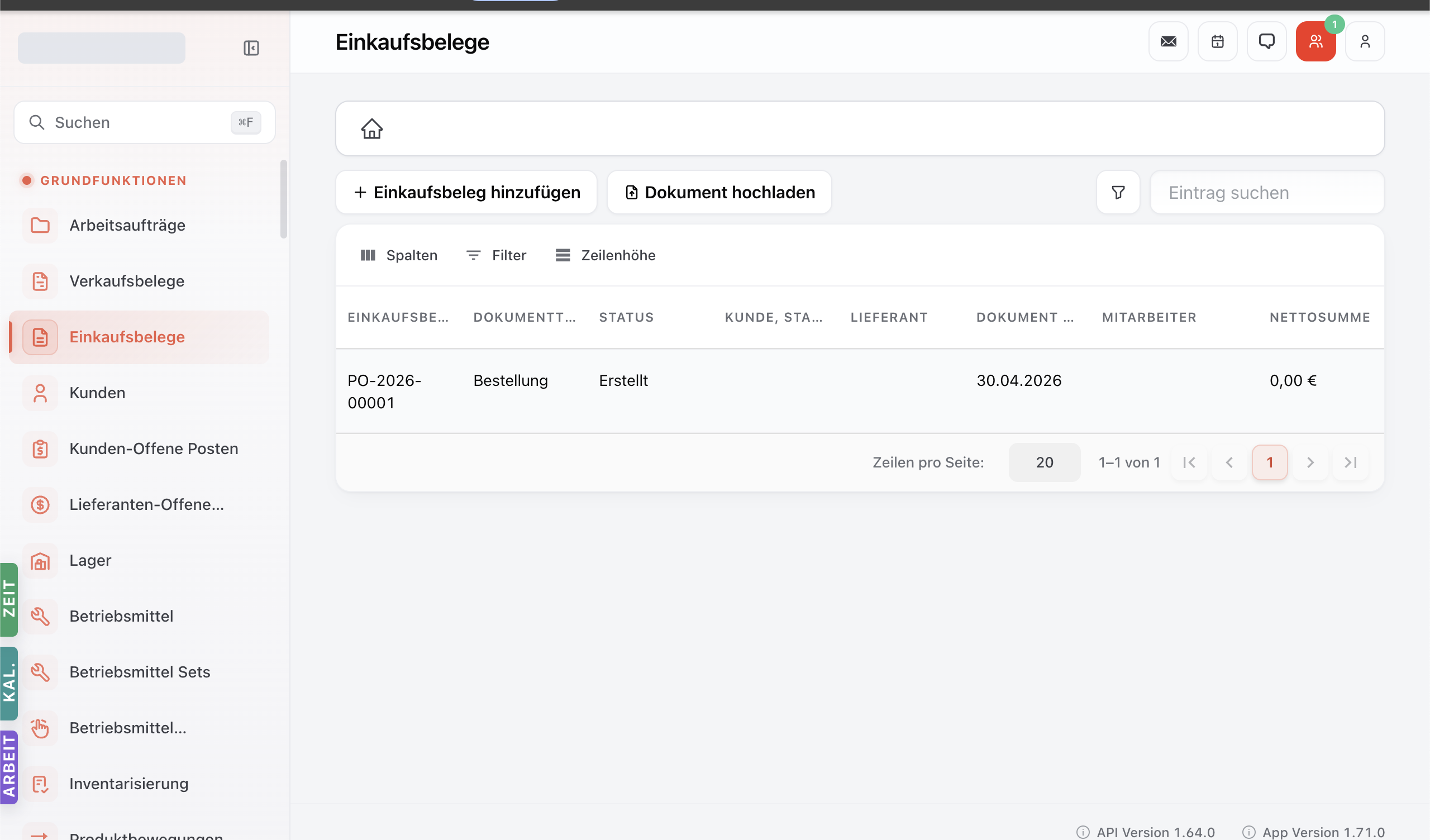 Einkaufsbelege-Modul mit Tabelle der Eingangsbelege und Toolbar Spalten / Filter / Zeilenhöhe.