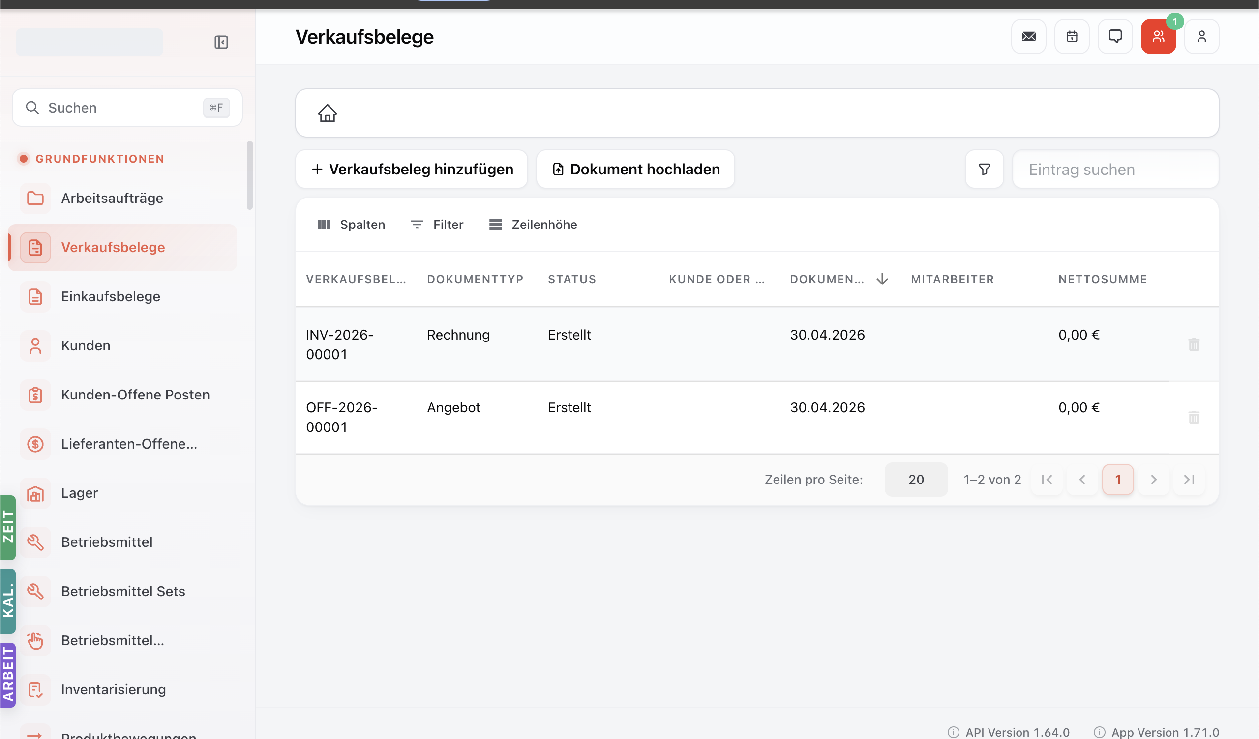 Verkaufsbelege-Modul mit Tabelle aller Sales Documents — Filter und Spalten-Toolbar.