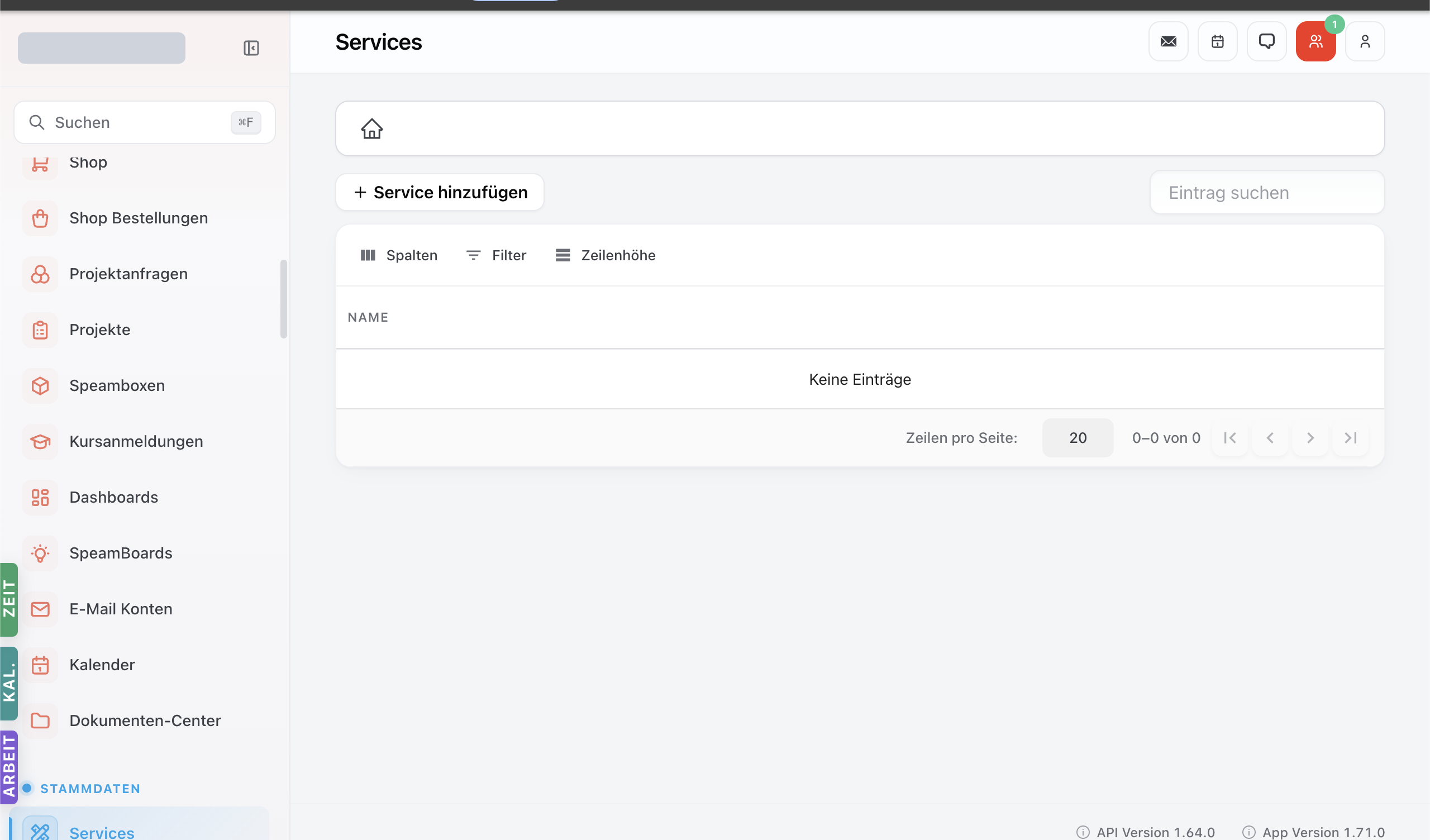 Services-Modul mit Tabelle der Service-Vorlagen — Spalten Name und Mwst.-Code, Filter / Spalten / Zeilenhöhe.