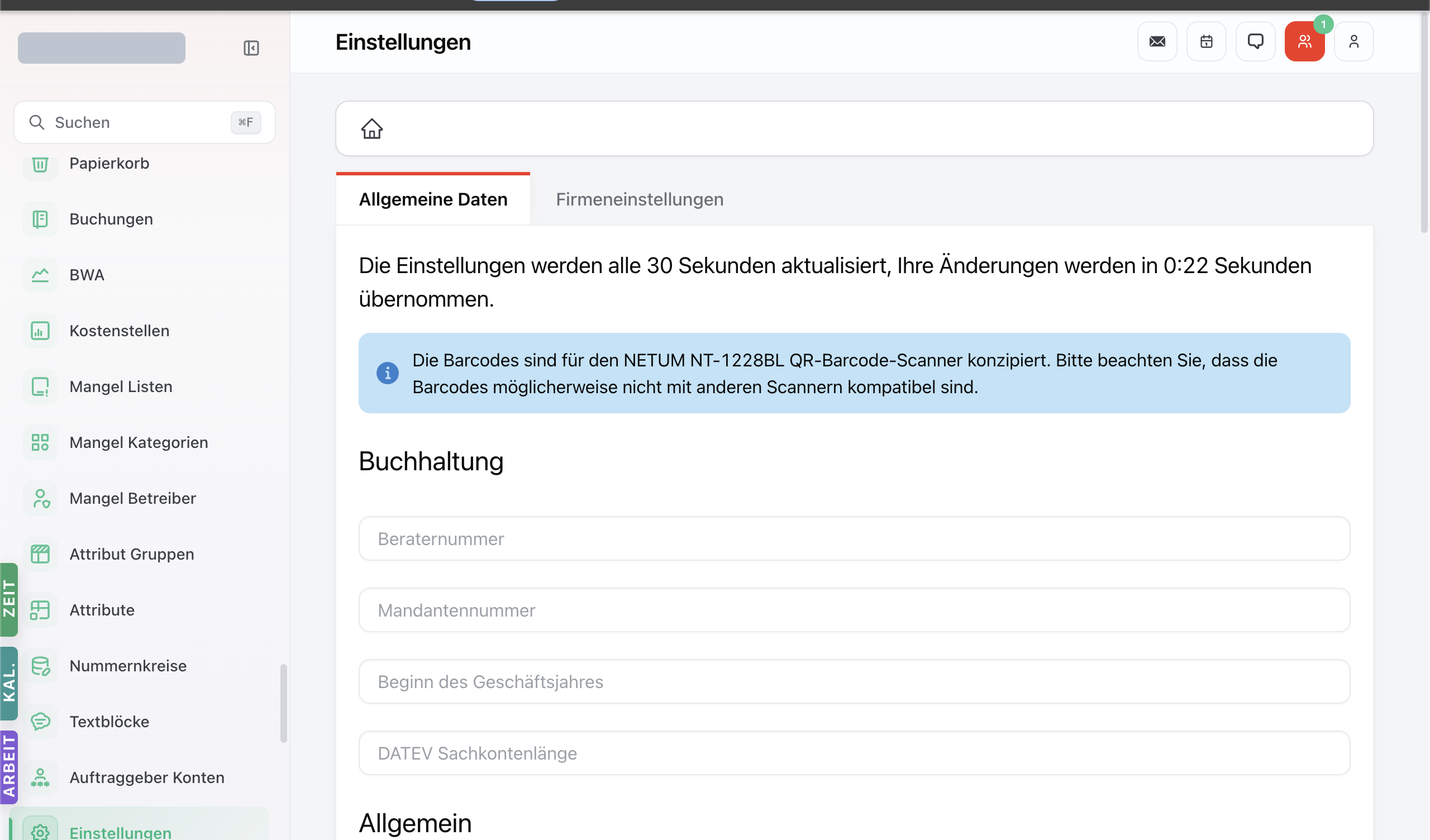 Einstellungen-Modul mit Tabs Allgemeine Daten / Firmeneinstellungen — Felder für Buchhaltung (Beraternummer, Mandantennummer, Geschäftsjahr, DATEV-Sachkontenlänge).