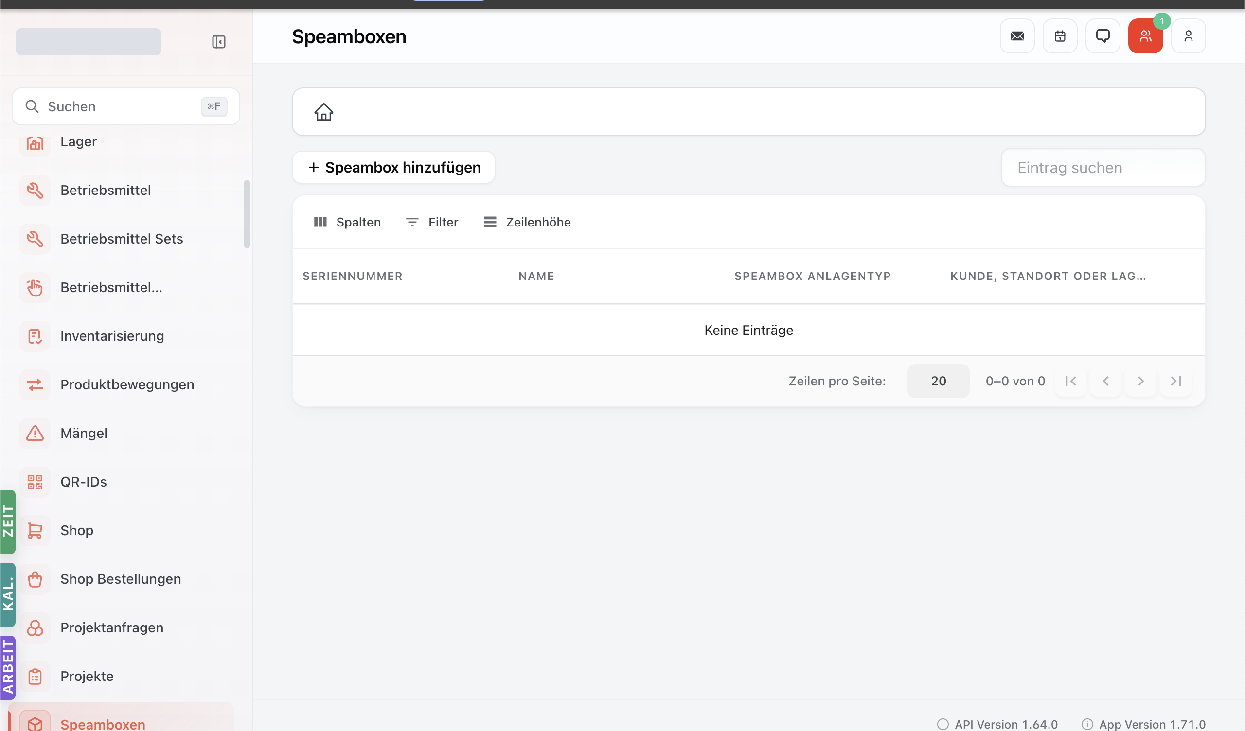 SpeamBoxes-Modul mit Liste der erfassten Boxes und Toolbar.
