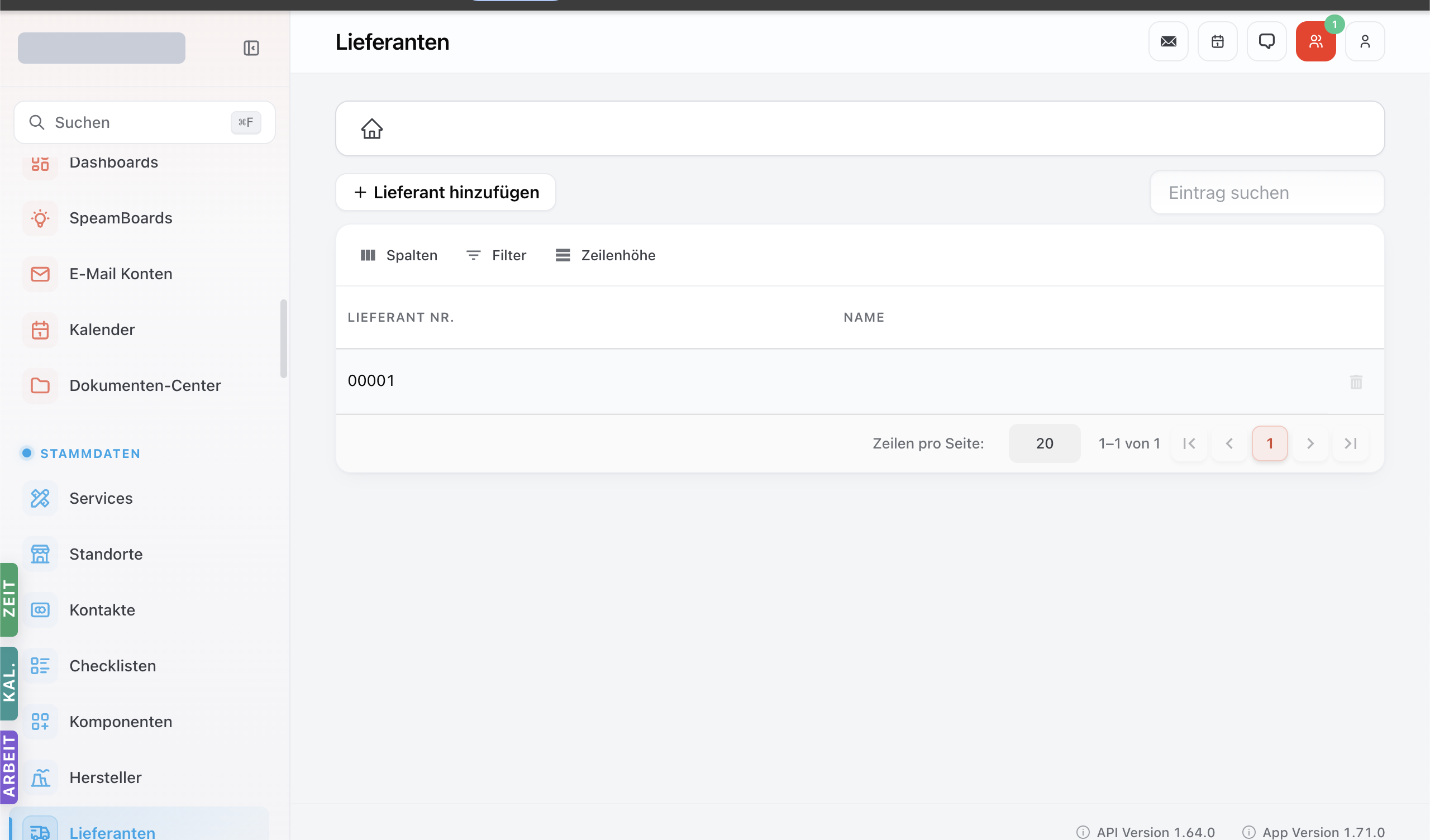 Lieferanten-Modul mit Tabelle der erfassten Suppliers und Toolbar Spalten / Filter / Zeilenhöhe.