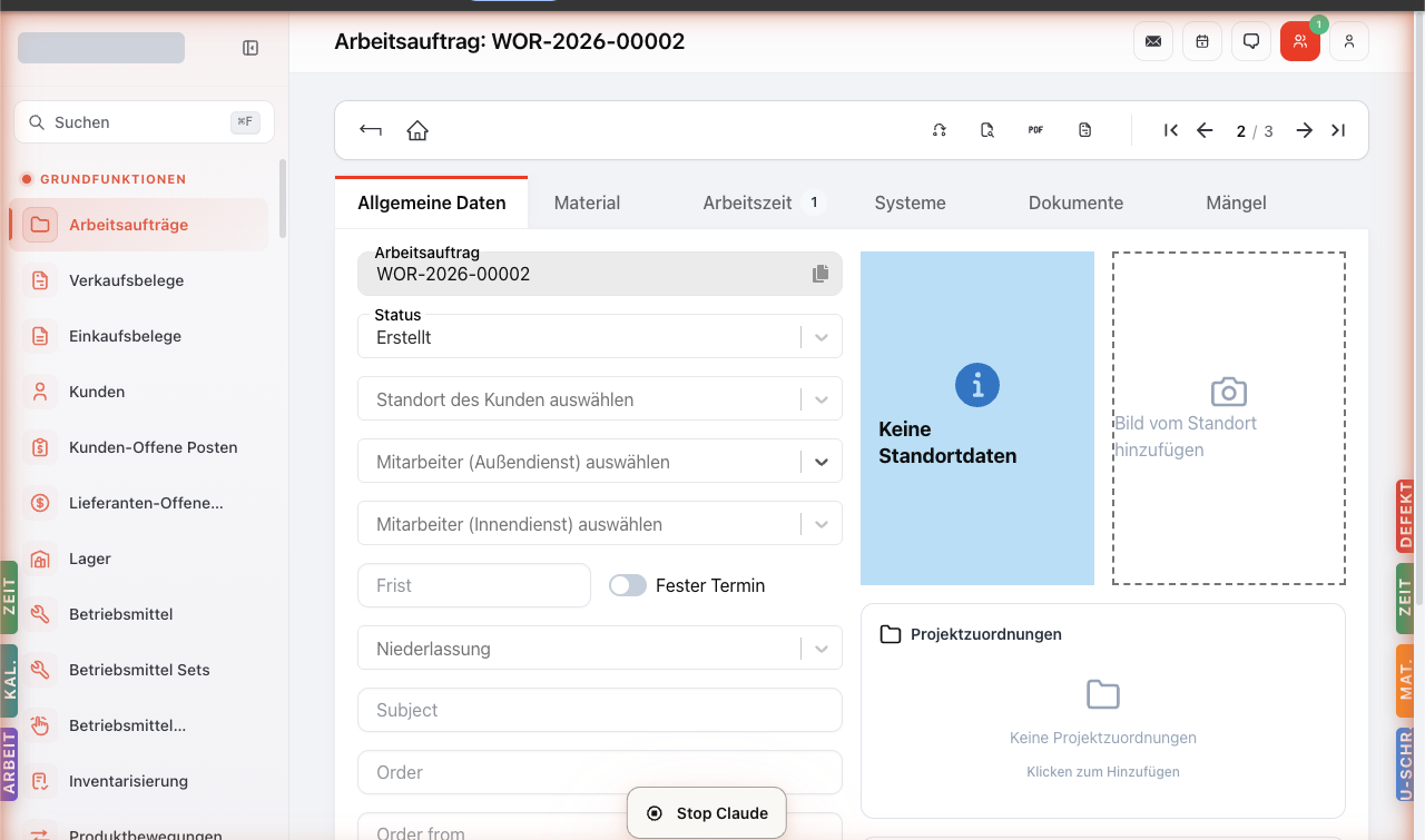 Auftrag-Detailseite mit Toolbar oben (Vorschau-Buttons, PDF-Button, Pagination), Tabs Allgemeine Daten / Material / Arbeitszeit / Systeme / Dokumente / Mängel.