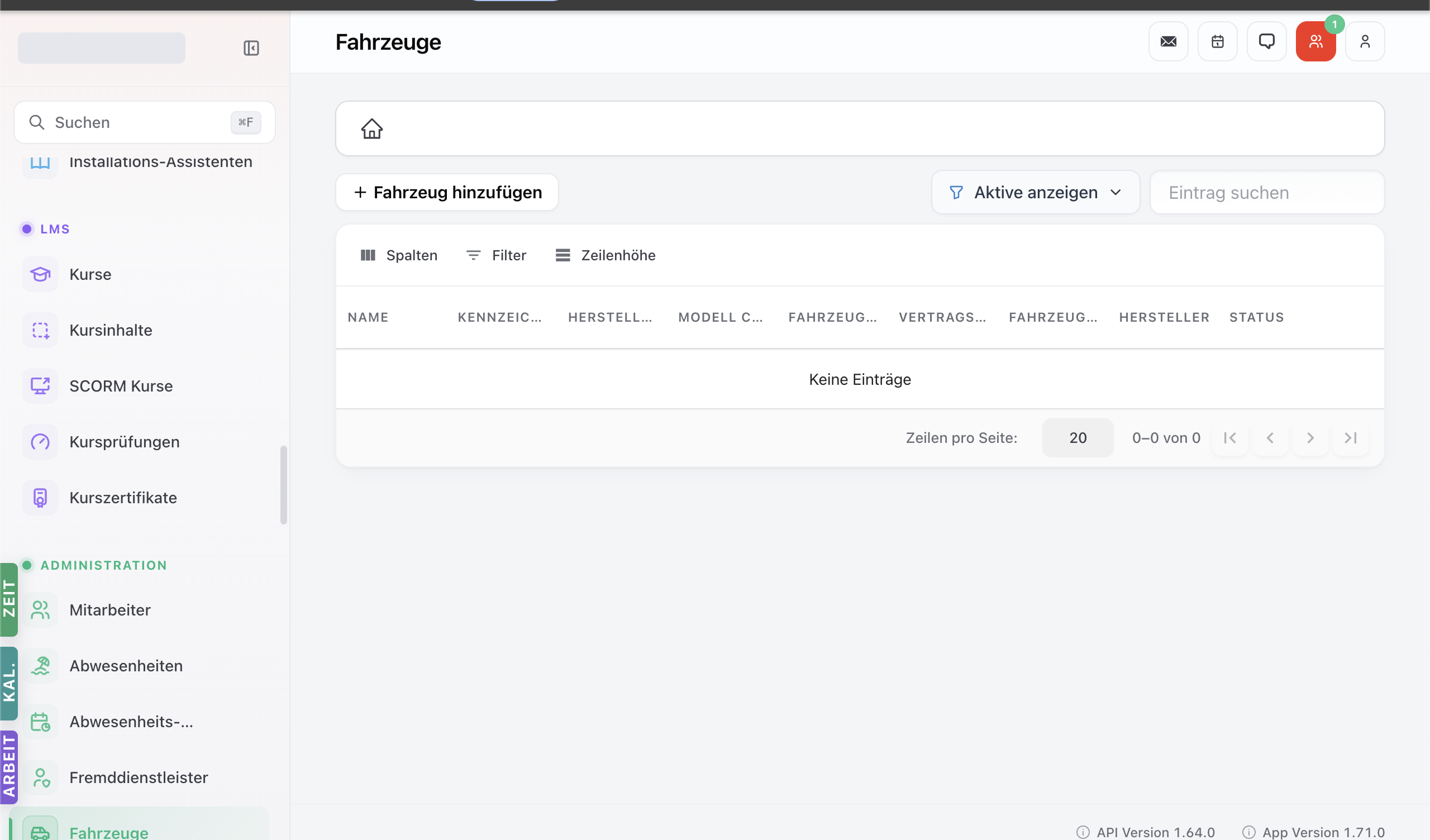 Fahrzeug-Modul mit Liste der erfassten Fahrzeuge — Toolbar Spalten / Filter / Zeilenhöhe.