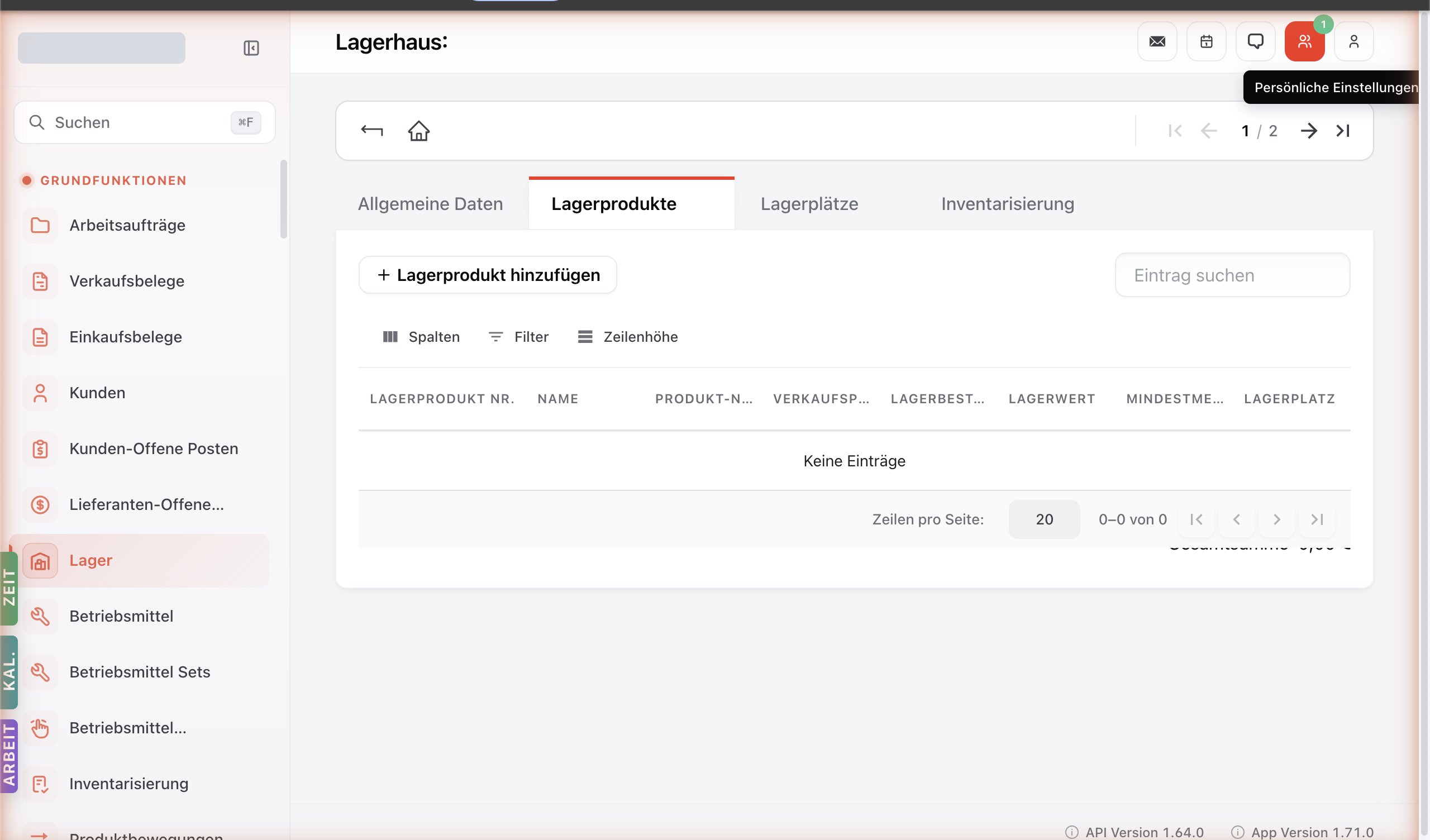 Lager-Detailansicht mit Tab Lagerprodukte — Liste der vorhandenen Produkte pro Lager.