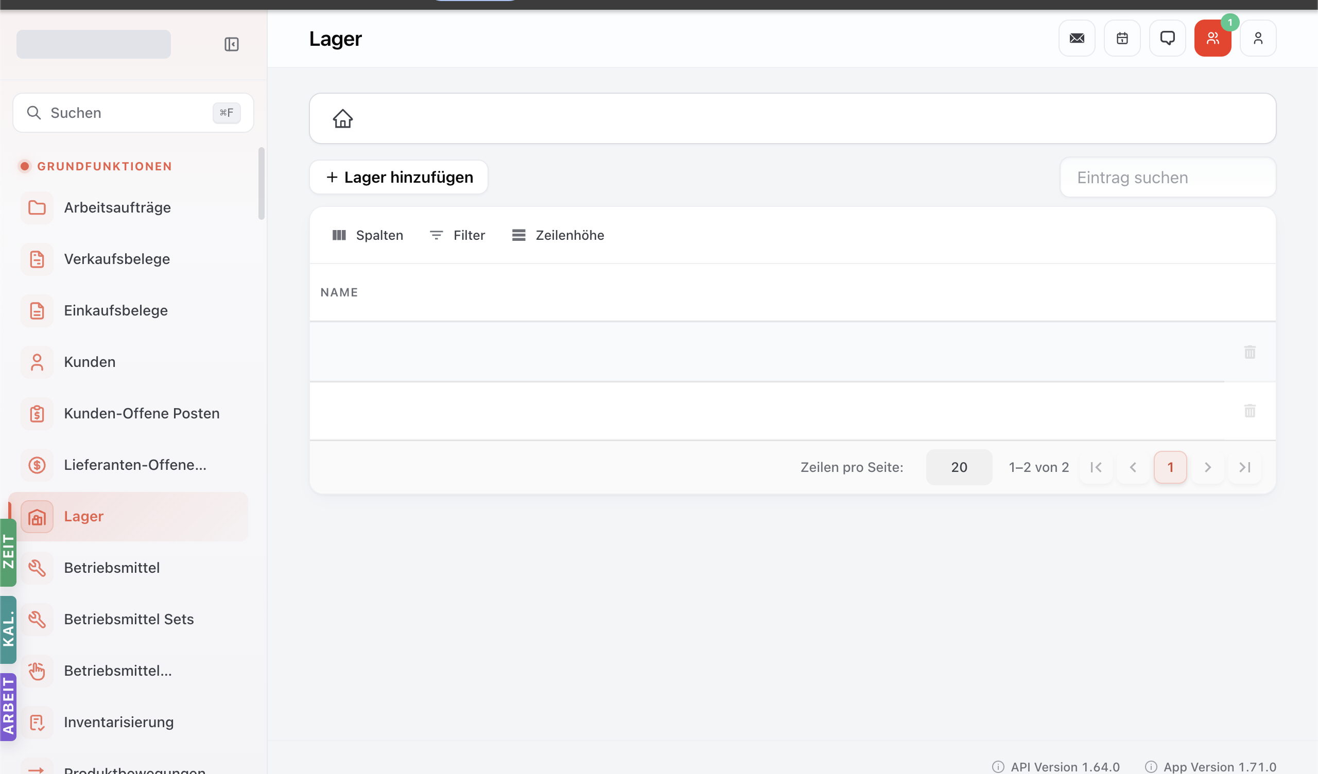 Lager-Modul mit Liste der Lager — Spalten Name und Adresse, Filter / Spalten / Zeilenhöhe.