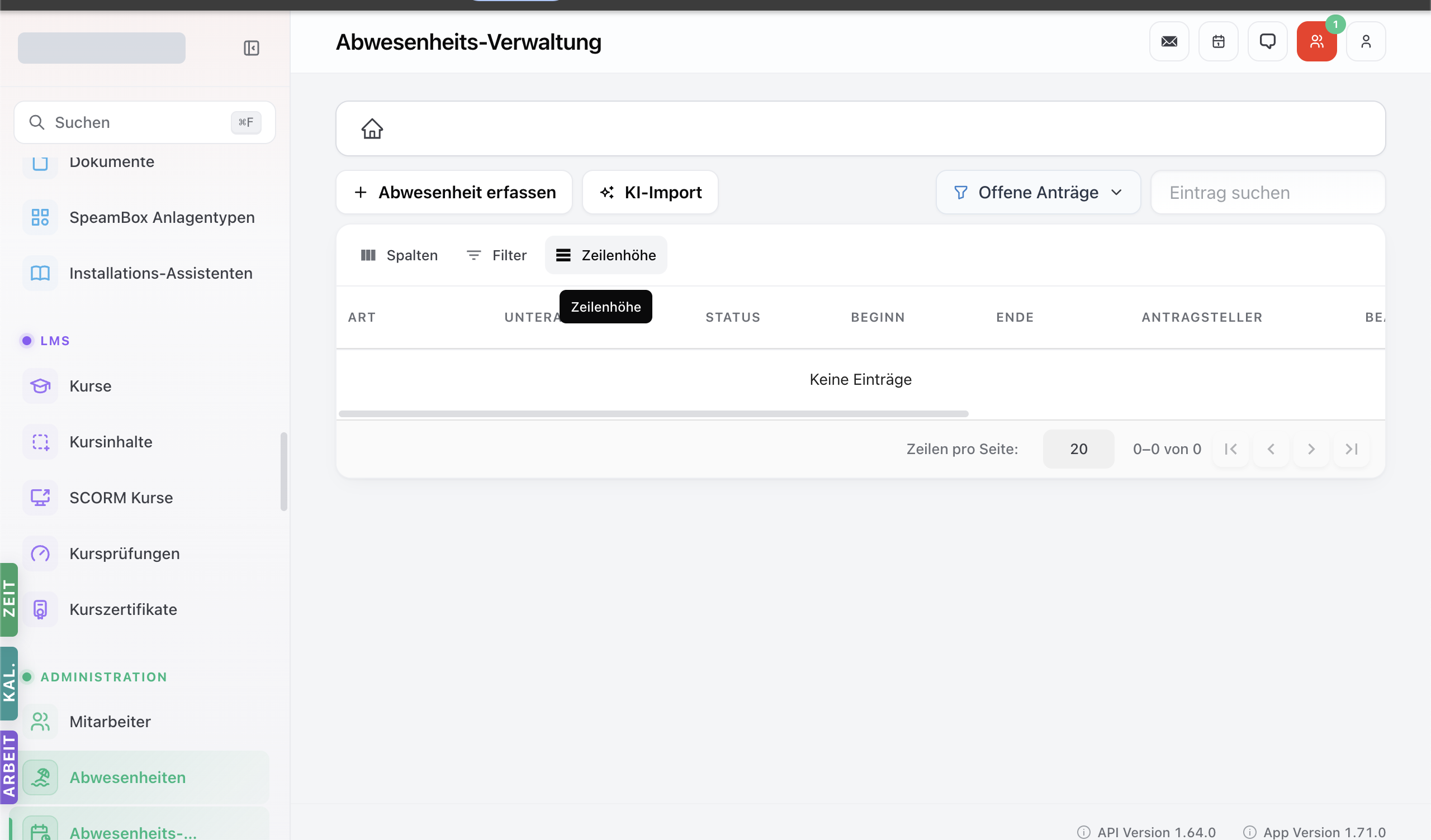 Management-Sicht mit Filter-Panel, Listen-/Kalender-Toggle und ausgeklappten offenen Anträgen.