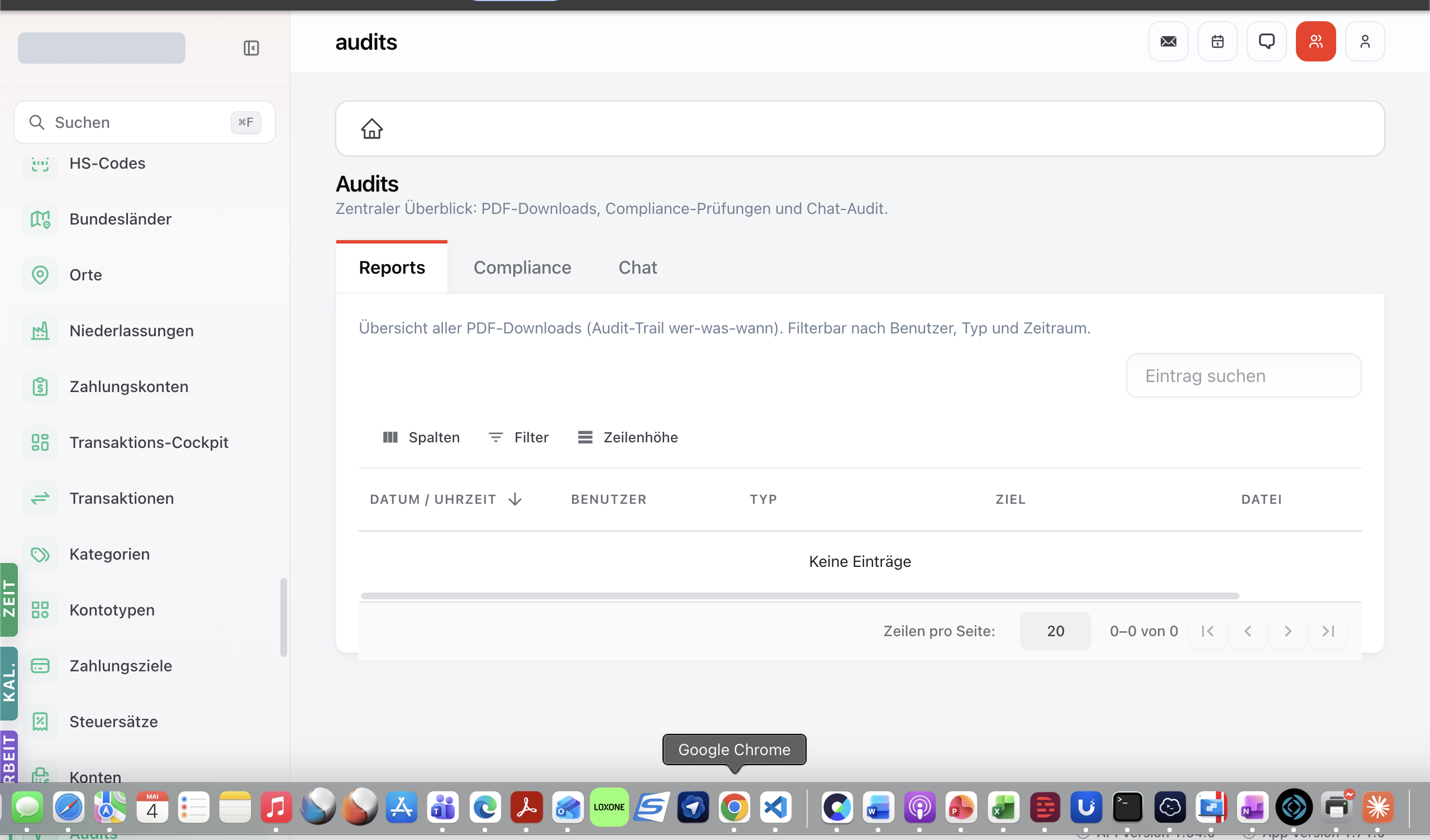 Audits-Modul mit Tabs Reports / Compliance / Chat — zentraler Audit-Trail-Hub.