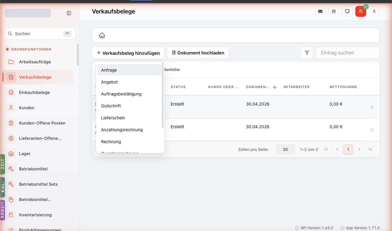 Beleg-Typ-Dropdown mit Optionen Anfrage, Angebot, Auftragsbestätigung, Gutschrift, Lieferschein, Anzahlungsrechnung, Rechnung, Zwischenrechnung.