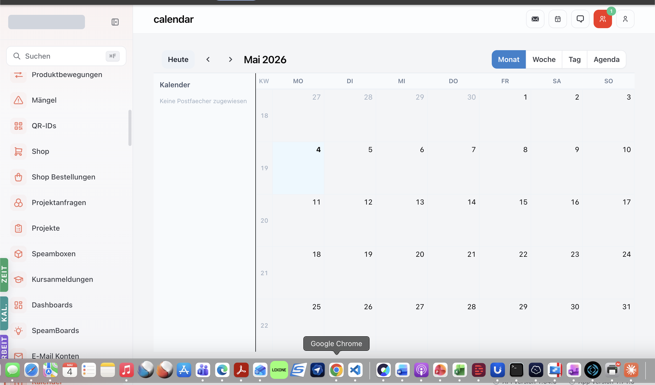 Kalender-Modul Monatssicht mit Toggles Monat / Woche / Tag / Agenda und linker Filter-Spalte für Kalender / Postfächer.