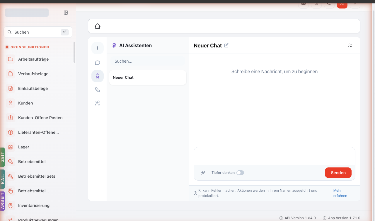 Neuer Chat mit leerem Eingabefeld, Toggle 'Tiefer denken' und Senden-Button.