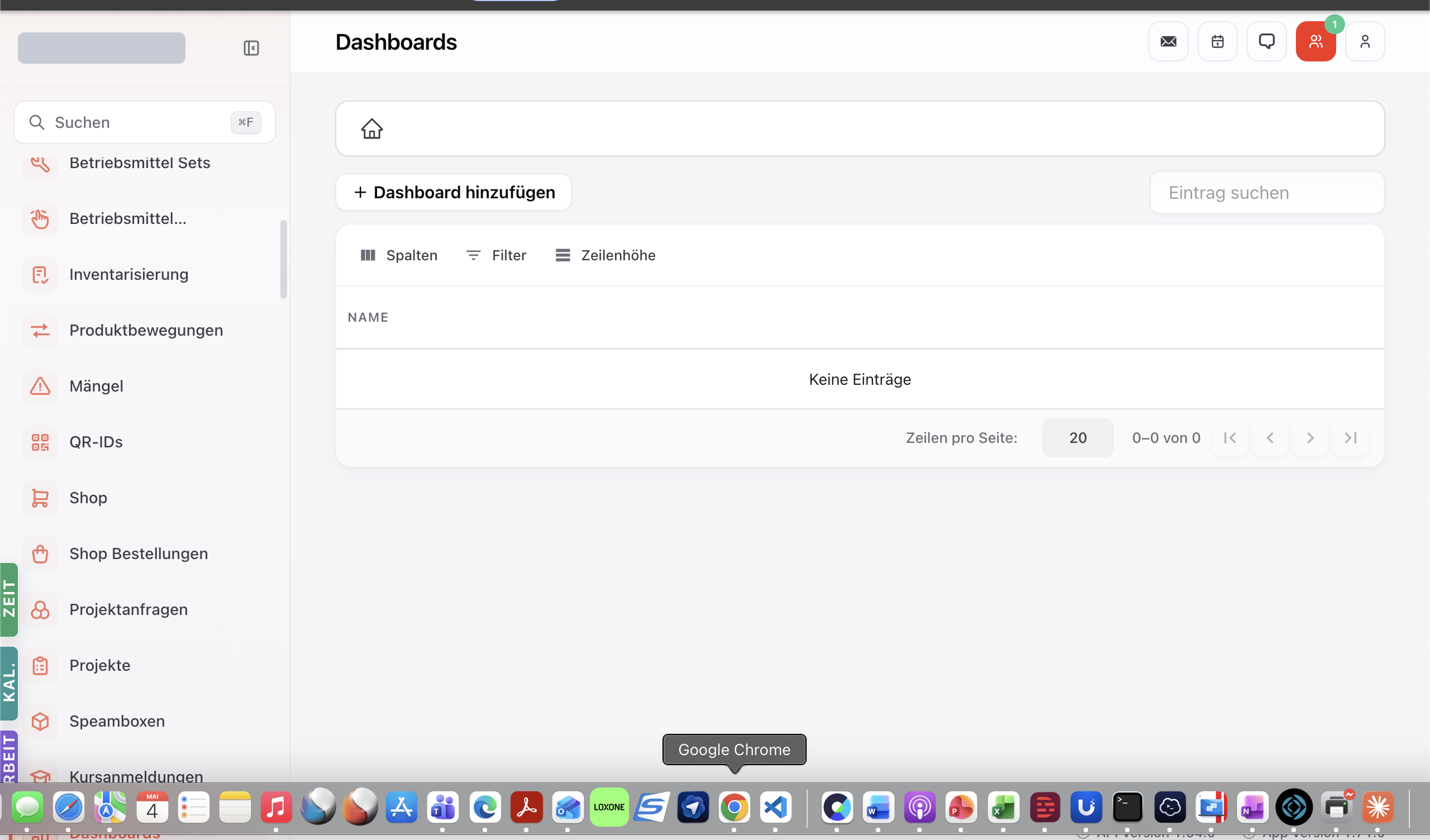 Dashboards-Modul Übersicht mit allen verfügbaren Dashboard-Karten.