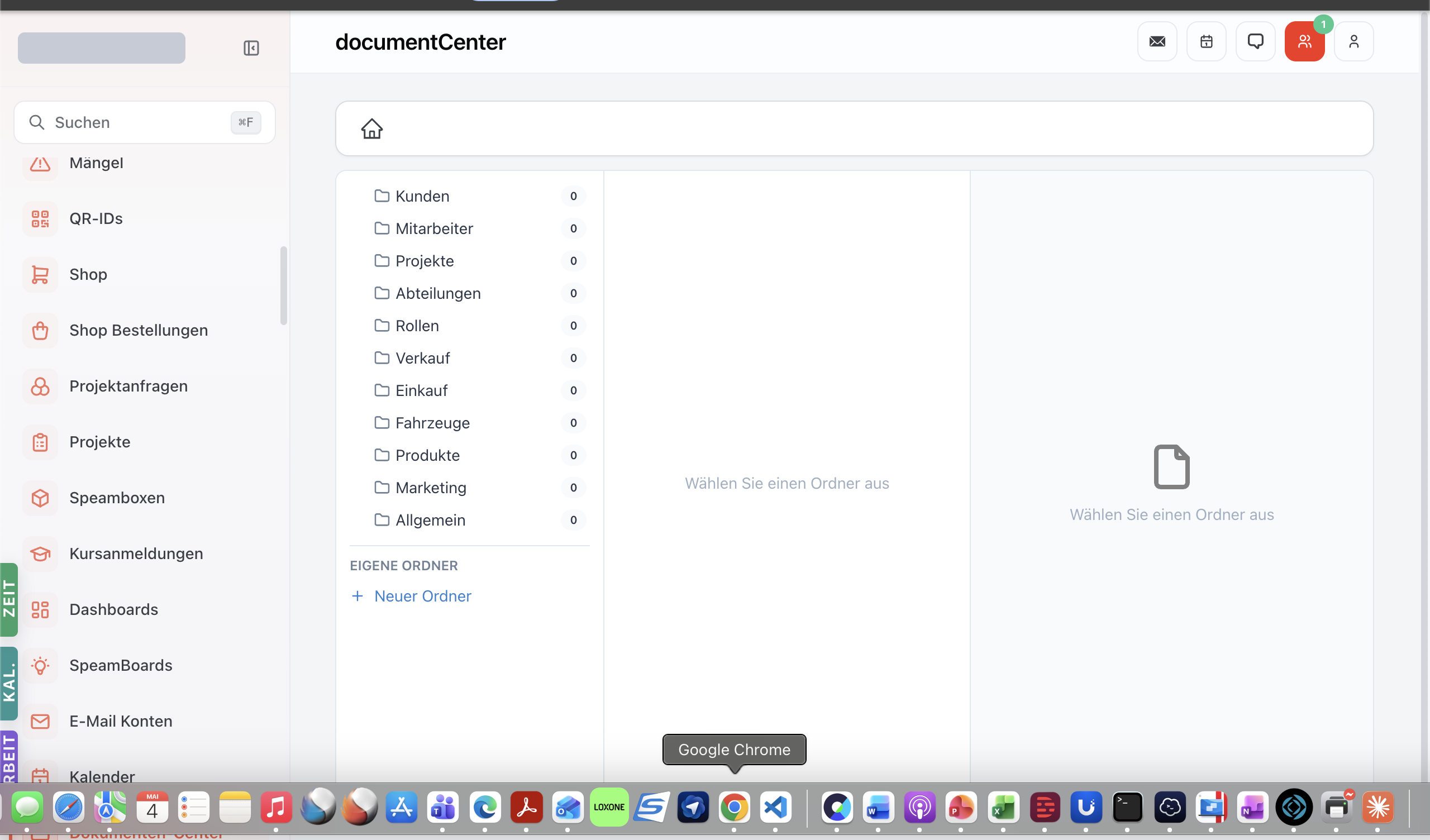 Document-Center mit den Wurzelordnern und Toolbar.