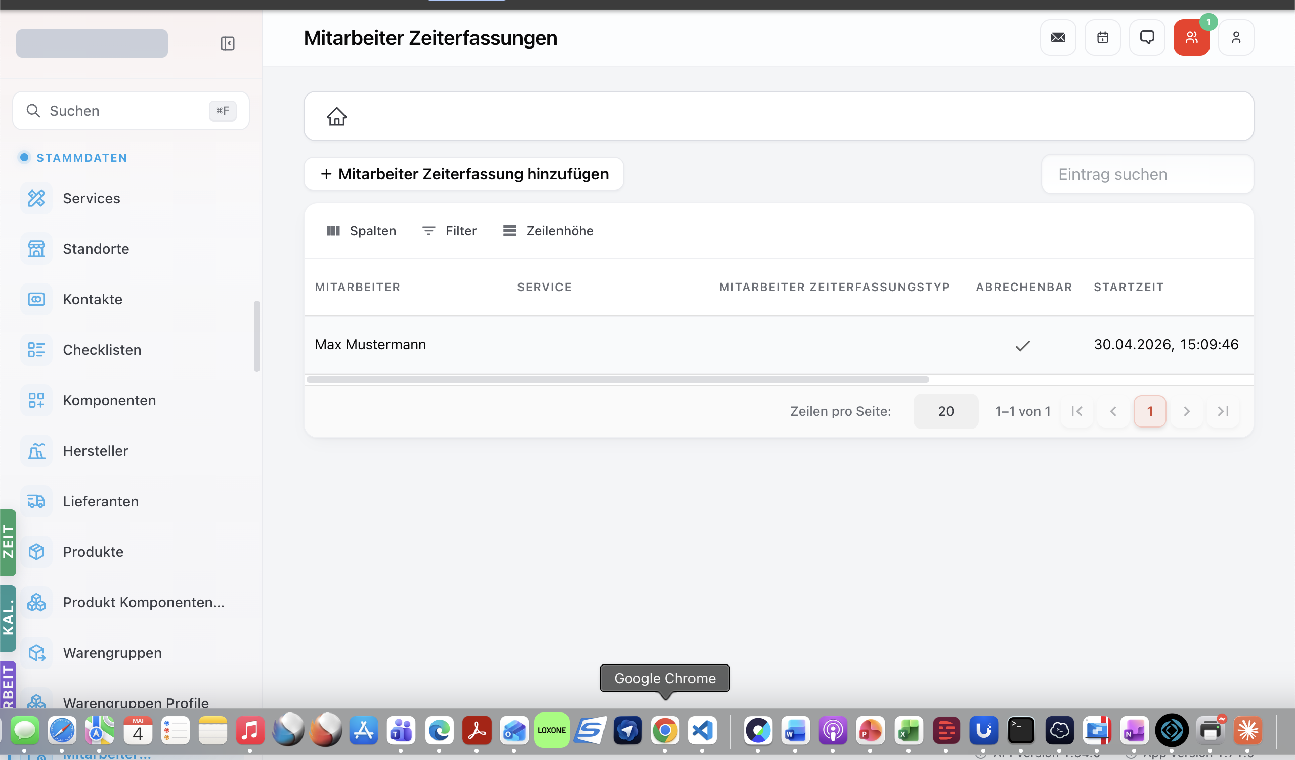 Mitarbeiter-Zeiterfassungs-Modul mit Tabelle der Stempel-Einträge.