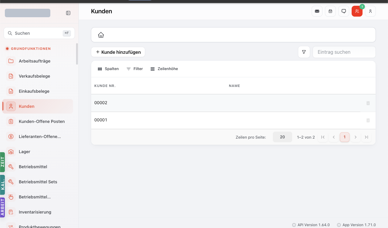 Kunden-Liste mit zwei bestehenden Einträgen 00001 und 00002, sowie '+ Kunde hinzufügen'-Button.