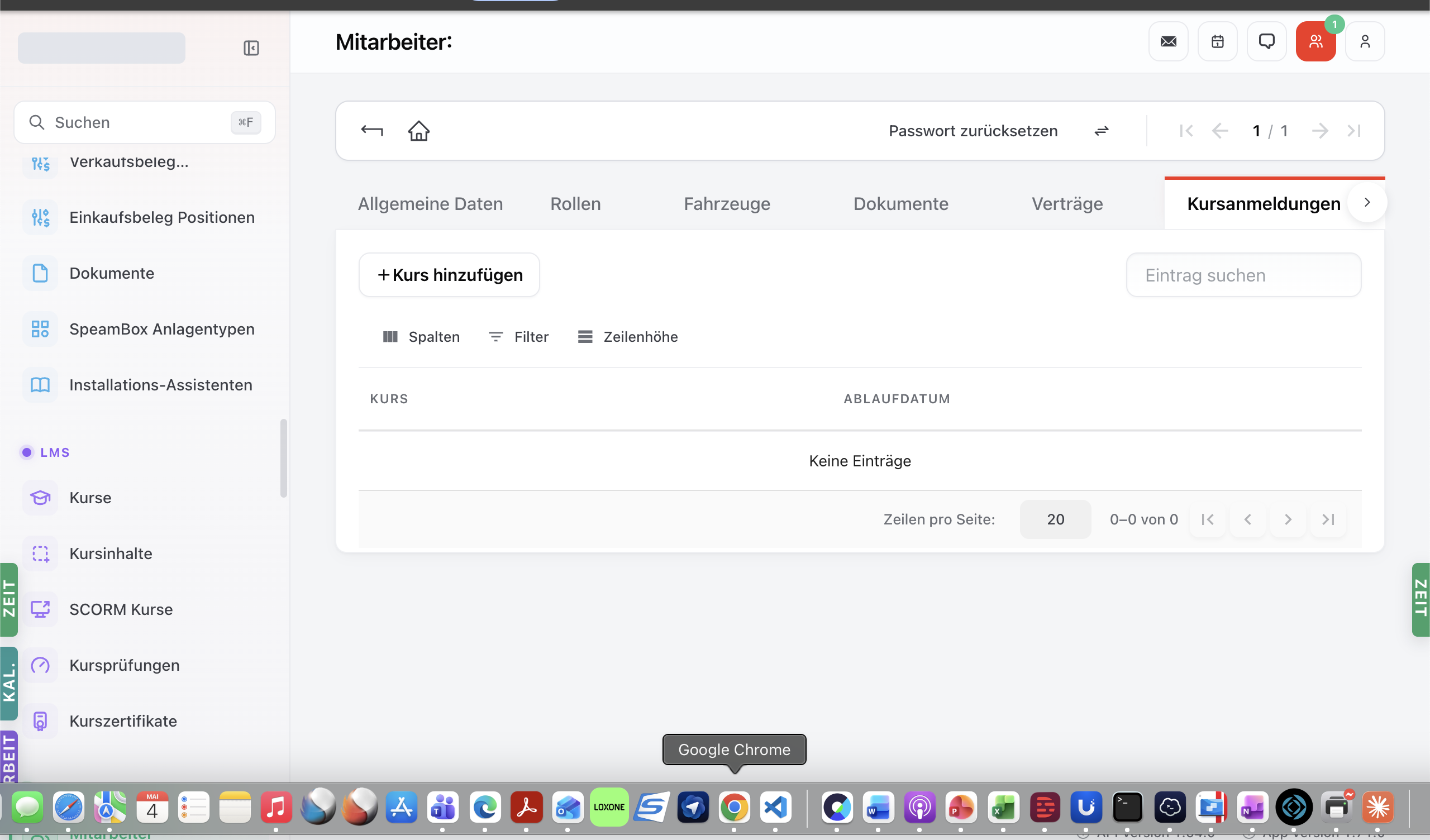 Mitarbeiter-Detail Tab Kursanmeldungen — Tabelle mit Kurs und Ablaufdatum, Button '+ Kurs hinzufügen'.