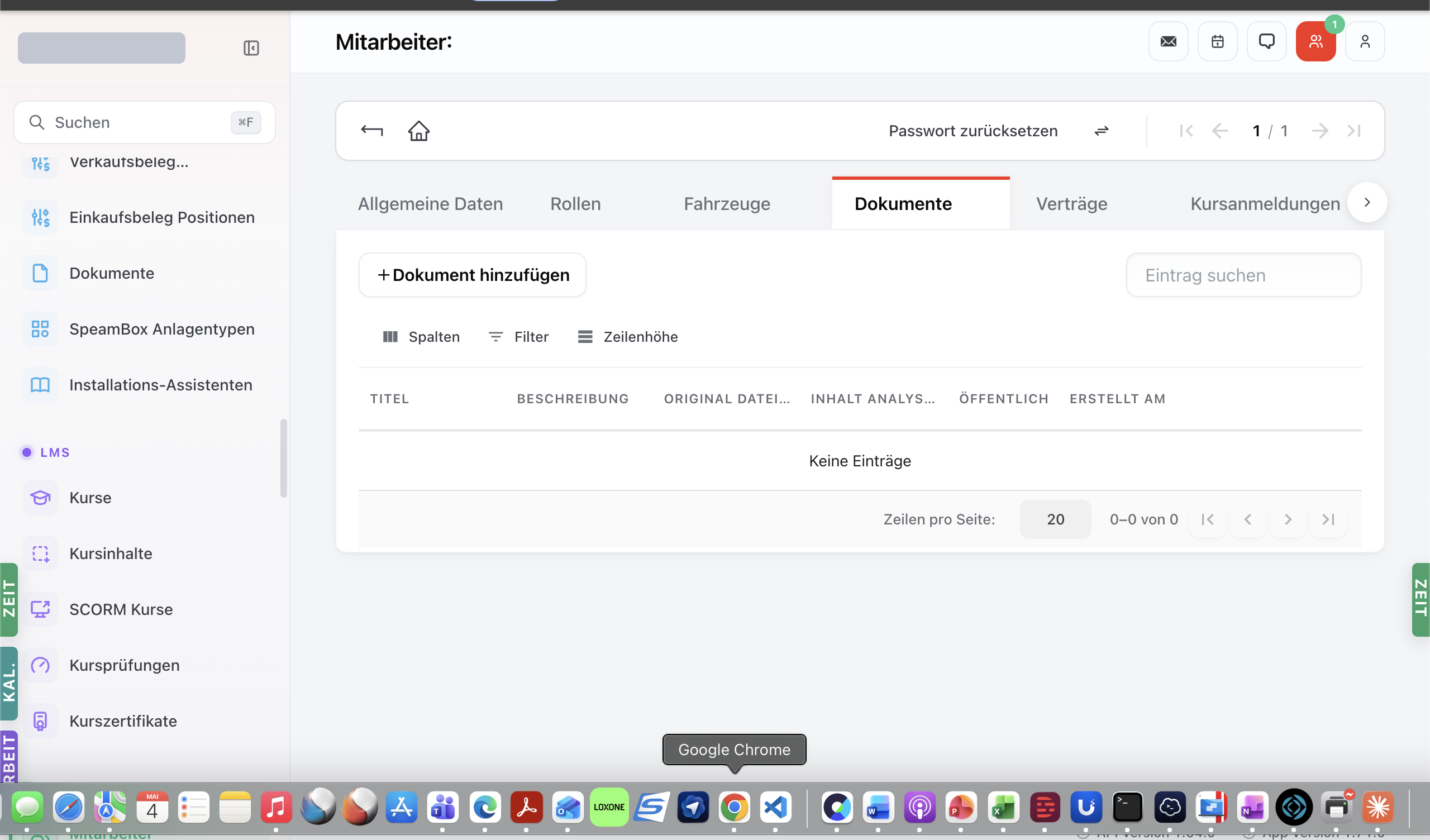 Mitarbeiter-Detail Tab Dokumente — Liste der hochgeladenen Personaldokumente.