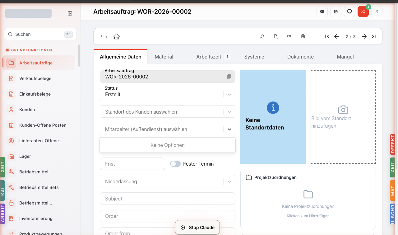 Mitarbeiter-Außendienst-Dropdown geöffnet. Im Demo-Beispiel 'Keine Optionen' weil keine Mitarbeiter mit Außendienst-Rolle angelegt sind.