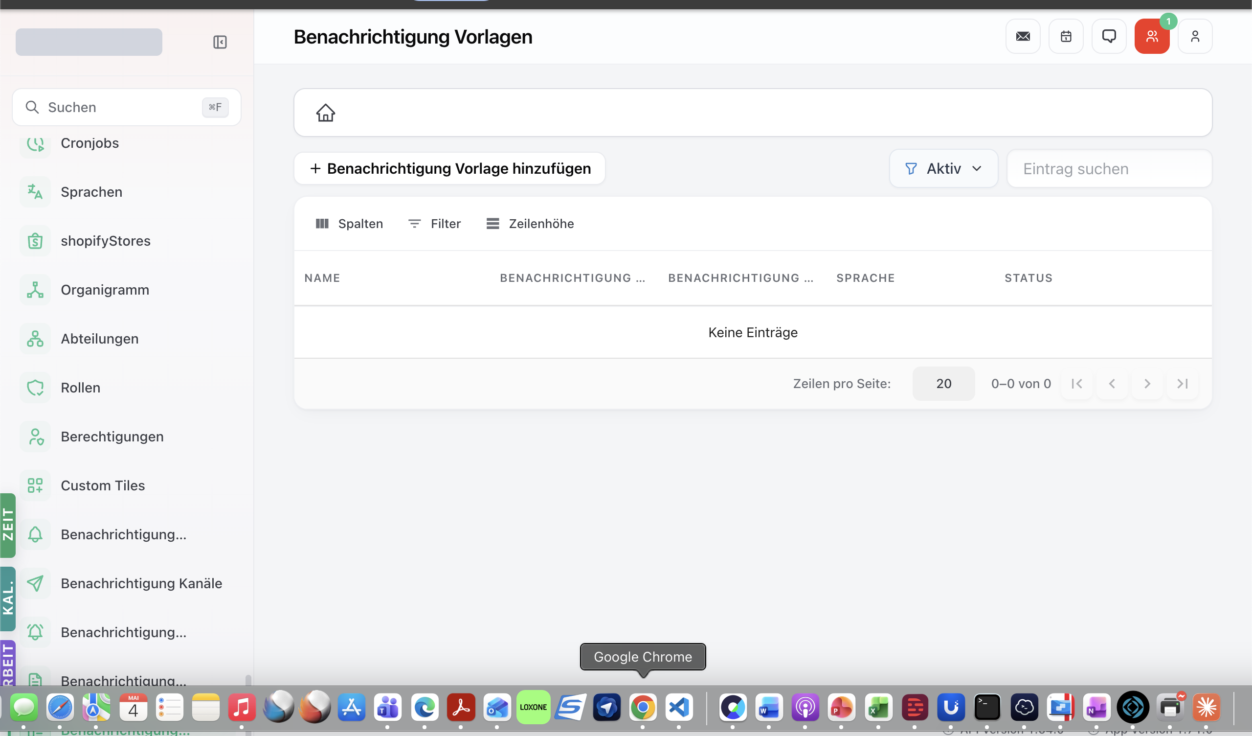 Notification-Templates-Modul mit Liste der Template-Definitionen.