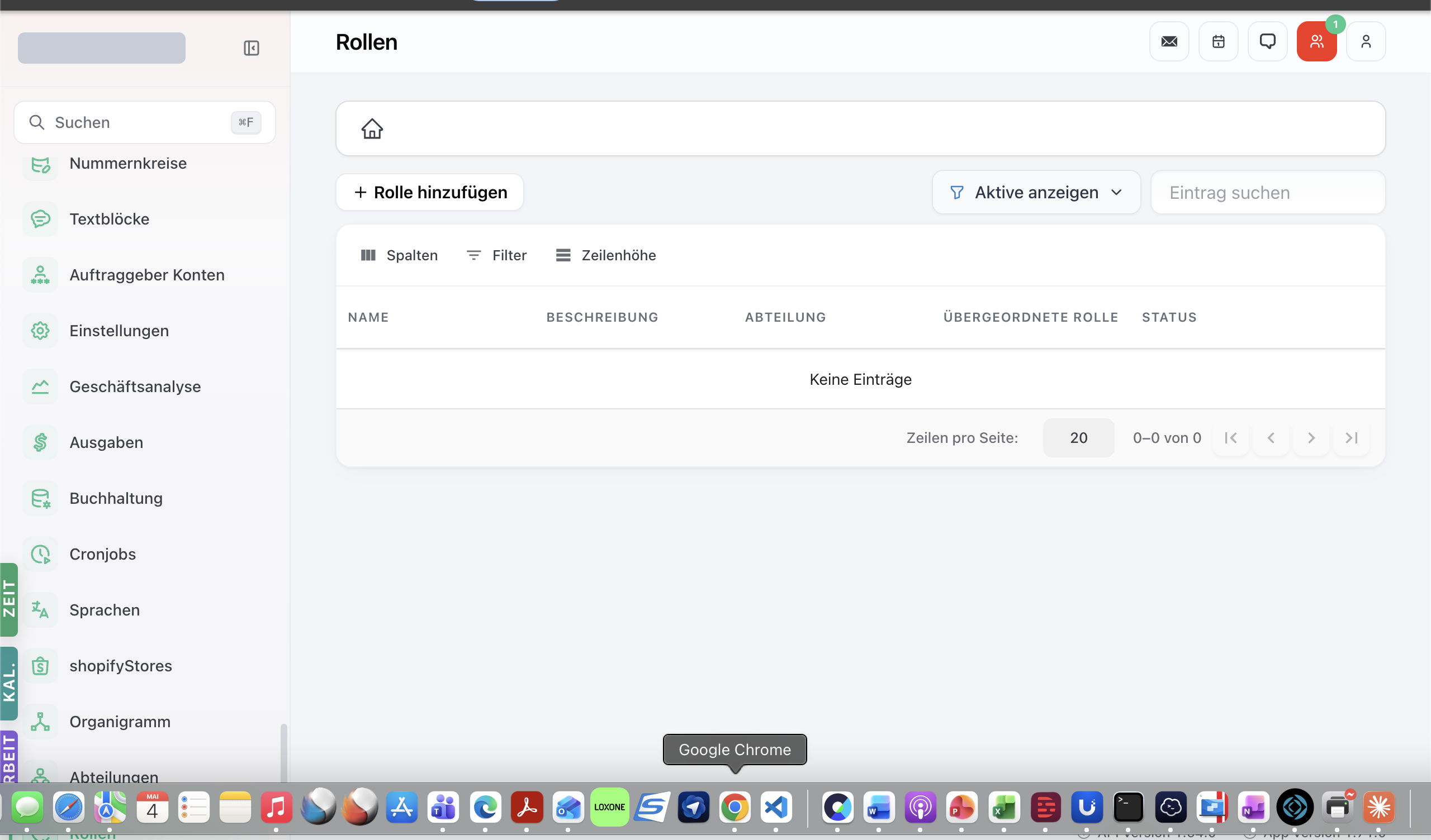 Rollen-Modul mit Liste der definierten Rollen.