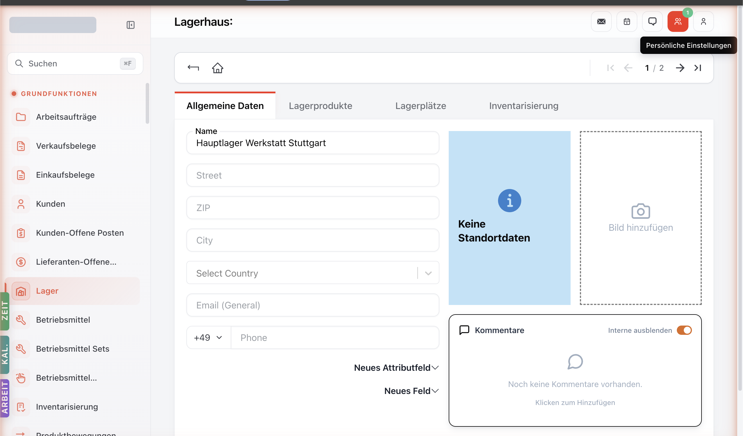 Lager-Detailseite mit Tabs Allgemeine Daten / Lagerprodukte / Lagerplätze / Inventarisierung.