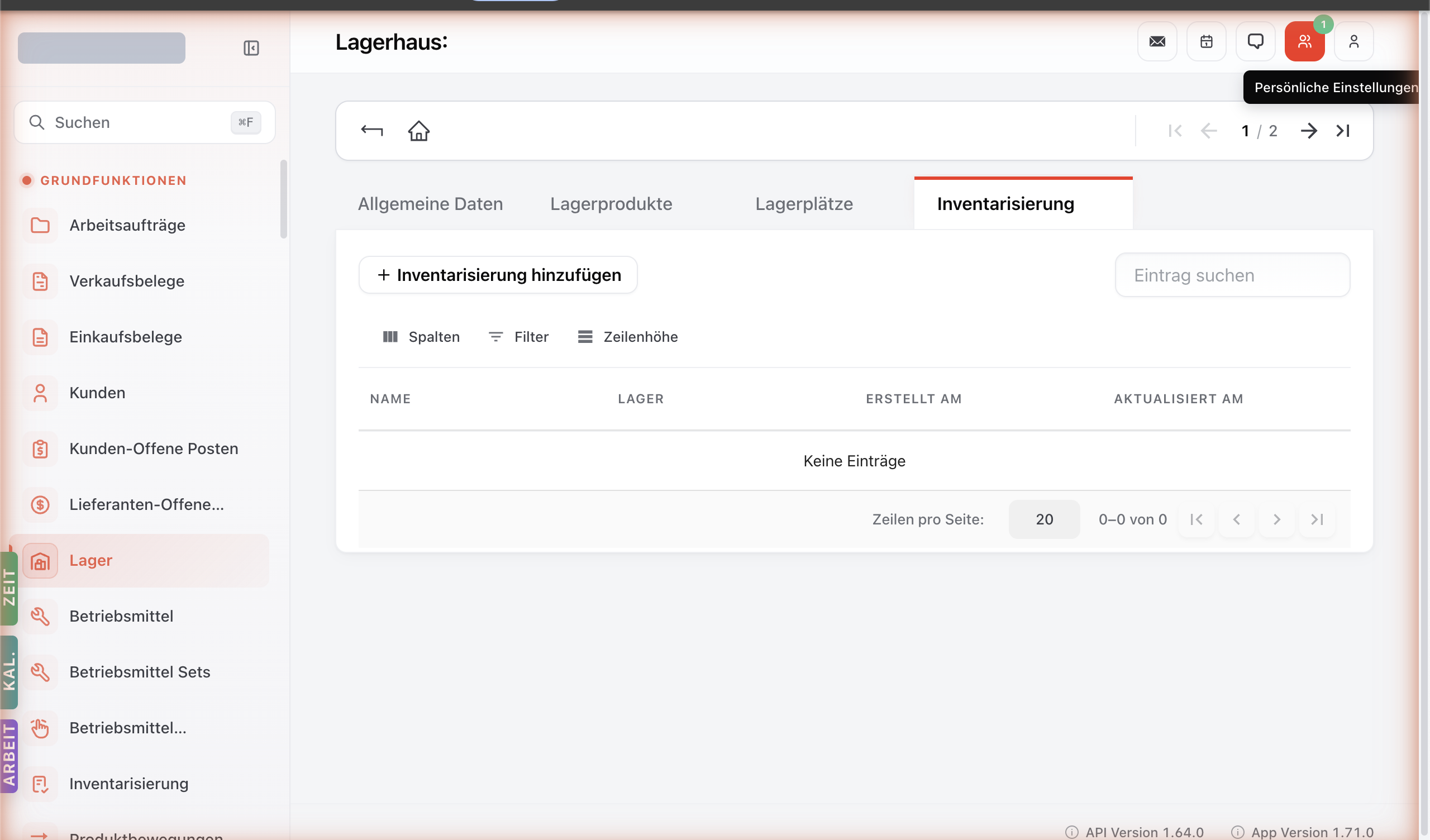 Lager-Detail mit Tab Inventarisierung — alle Inventuren des Lagers.