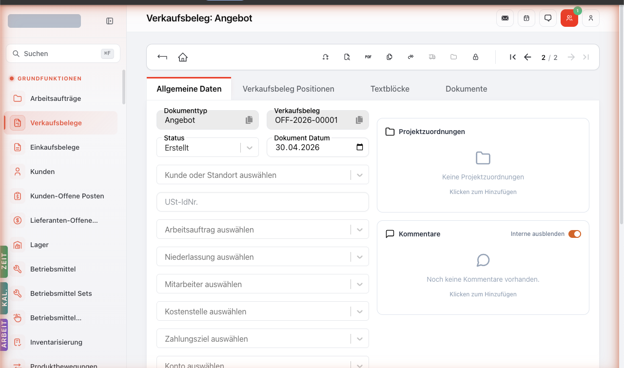 Verkaufsbeleg Angebot OFF-2026-00001 Allgemeine-Daten-Tab. Felder: Dokumenttyp (Angebot), Verkaufsbeleg (OFF-2026-00001), Status (Erstellt), Dokument Datum, Kunde oder Standort, USt-IdNr., Arbeitsauftrag, Niederlassung, Mitarbeiter, Kostenstelle, Zahlungsziel, Konto. Toolbar oben mit Vorschau-, PDF-, Mail-Icons.