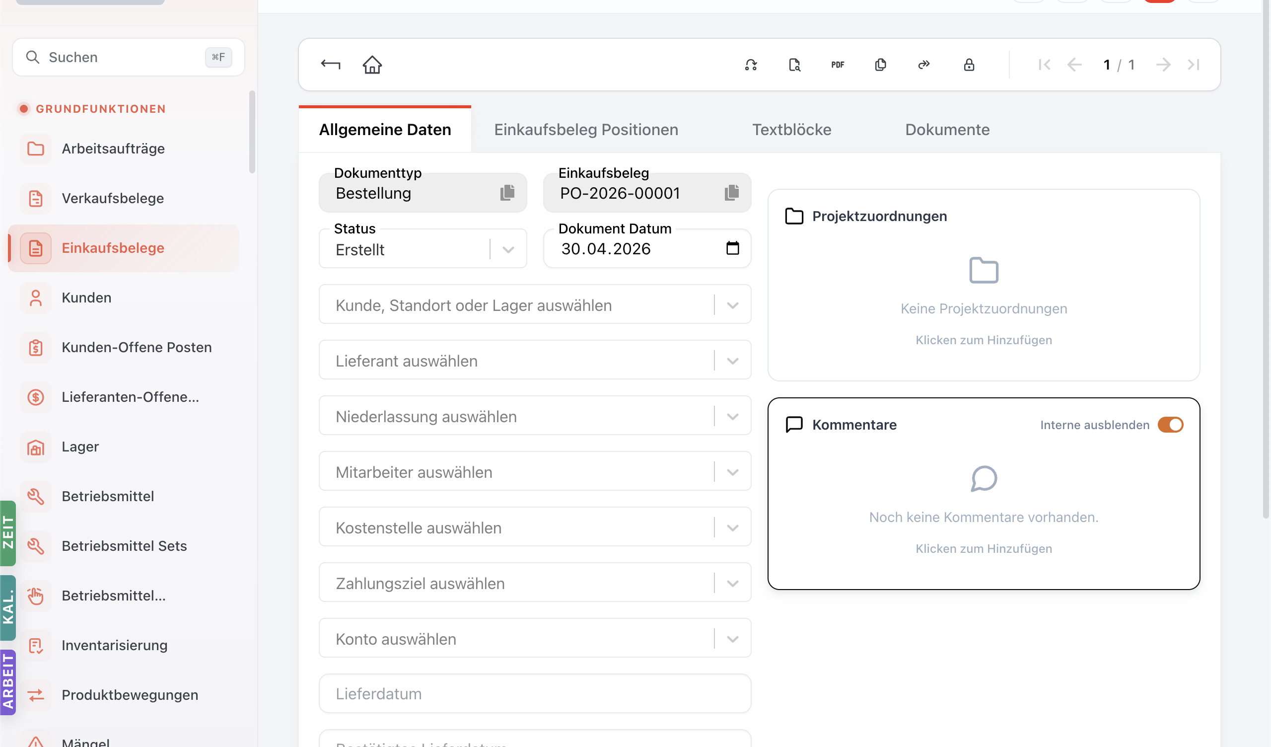 Einkaufsbeleg-Detailseite mit Tabs Allgemeine Daten / Einkaufsbeleg Positionen / Textblöcke / Dokumente und Pflichtfeldern Lieferant, Niederlassung, Kostenstelle, Zahlungsziel, Konto.