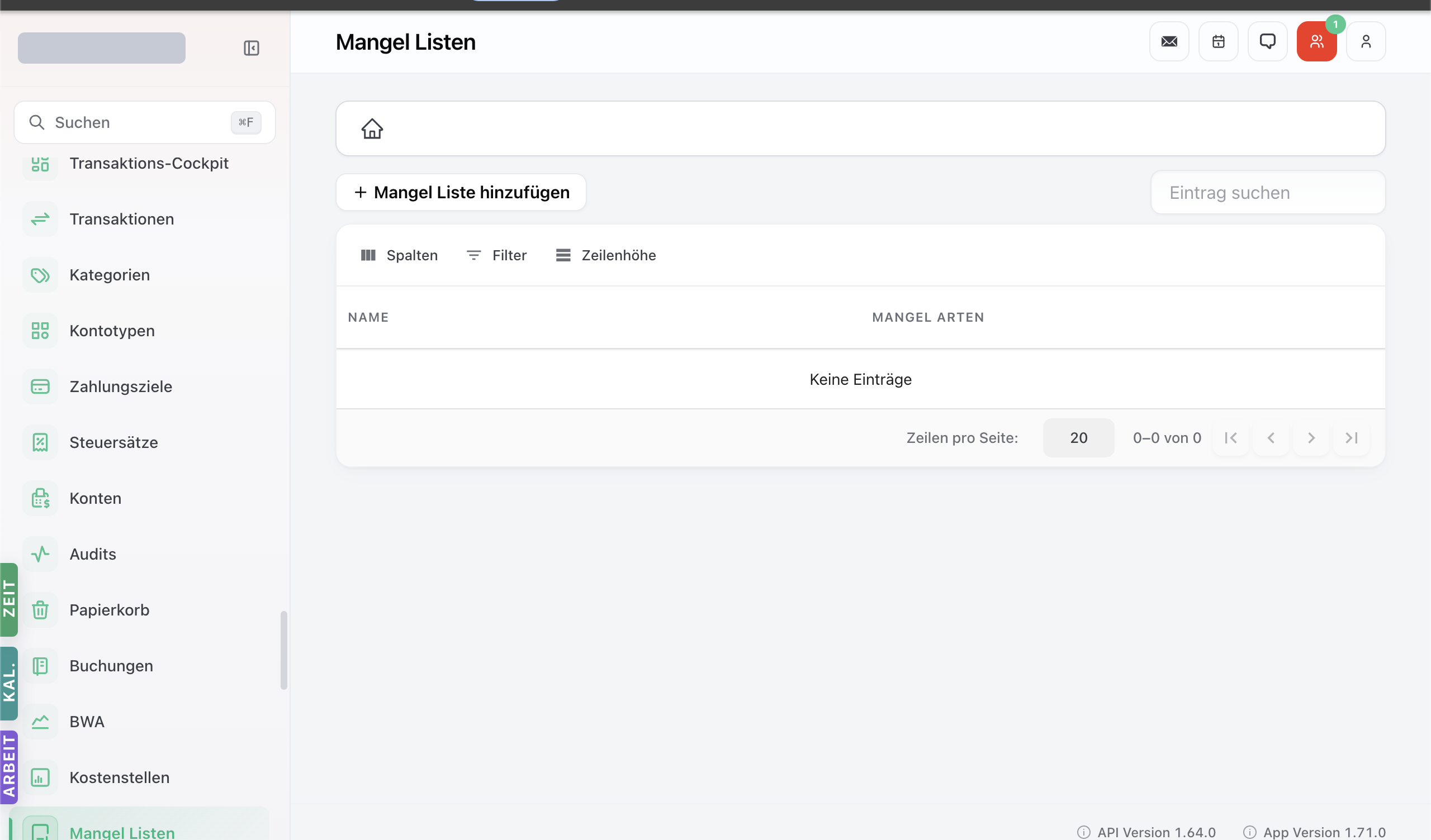 Mängel-Listen-Modul mit Tabelle der konfigurierten Defect-Listen.